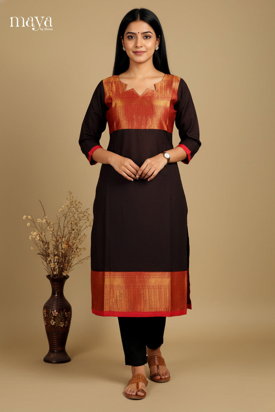 Black & Red-Chettinad Cotton Readymade Kurti