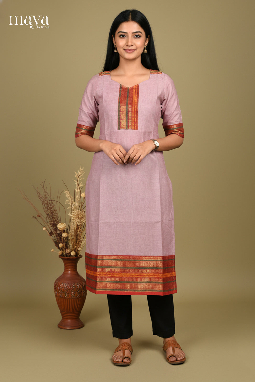 Grey & Orange- Chettinad Cotton Readymade Kurti