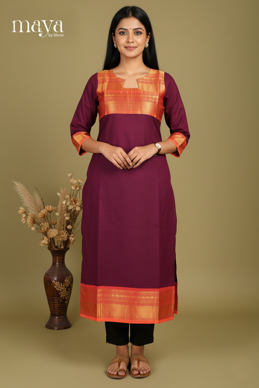Deep Purple & Orange -Chettinad Cotton Readymade Kurti