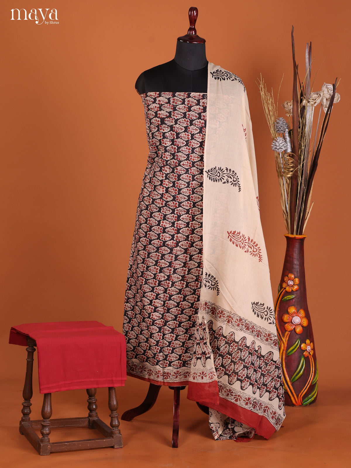 Stunning Black Hand-Block Printed Cotton Salwar Sets With Floral Motifs