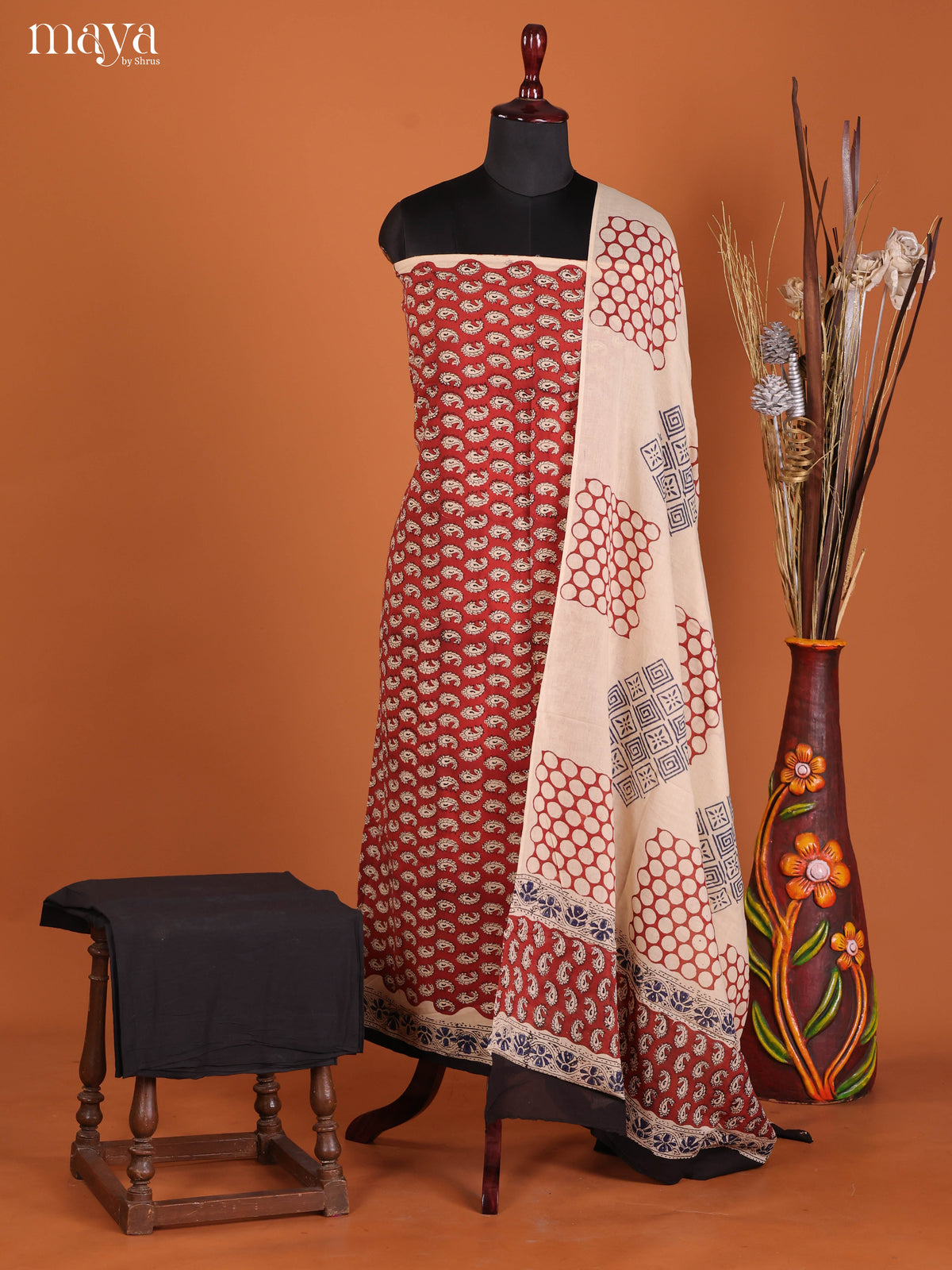 Vibrant Maroon Hand-Block Printed Cotton Salwar Sets With Paisley Motifs