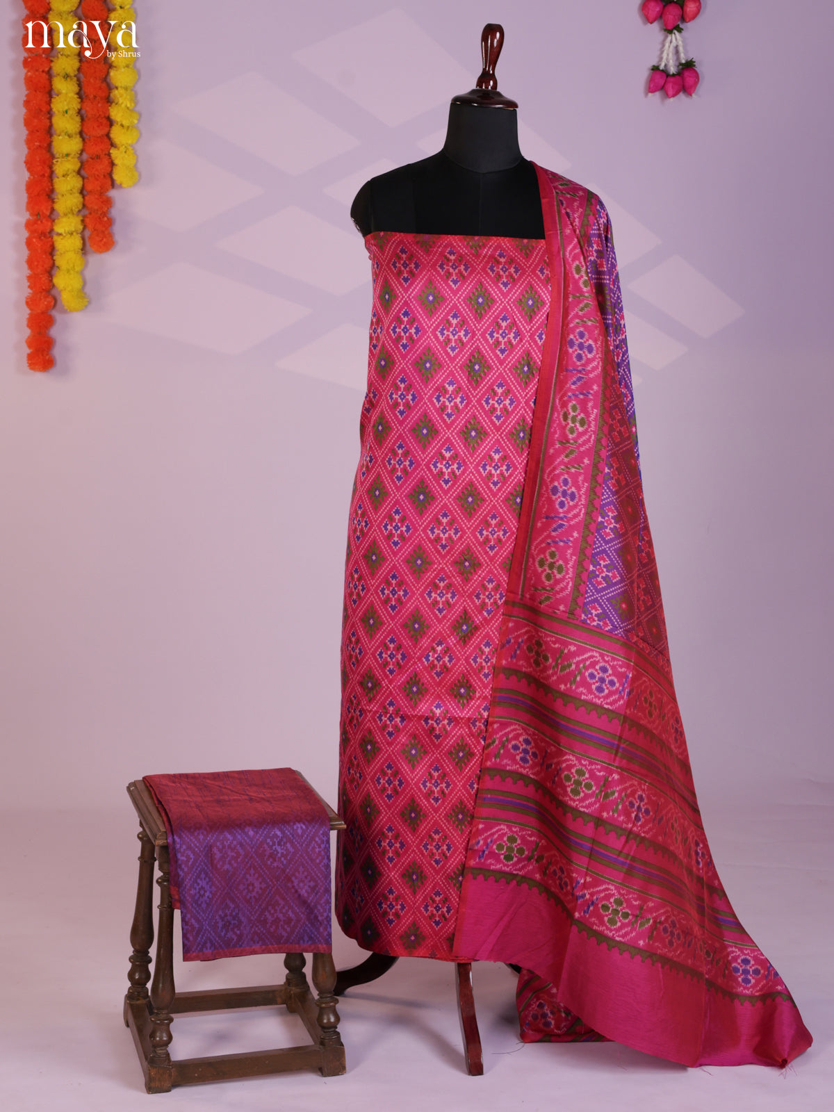 Pink & Purple Semi patola salwar unstitch with patola floral  print -MEA09032