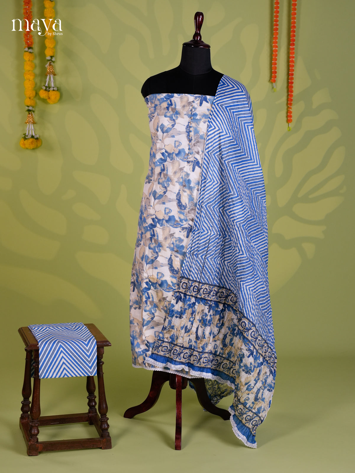 Blue & White - Cotton salwar Unstitched