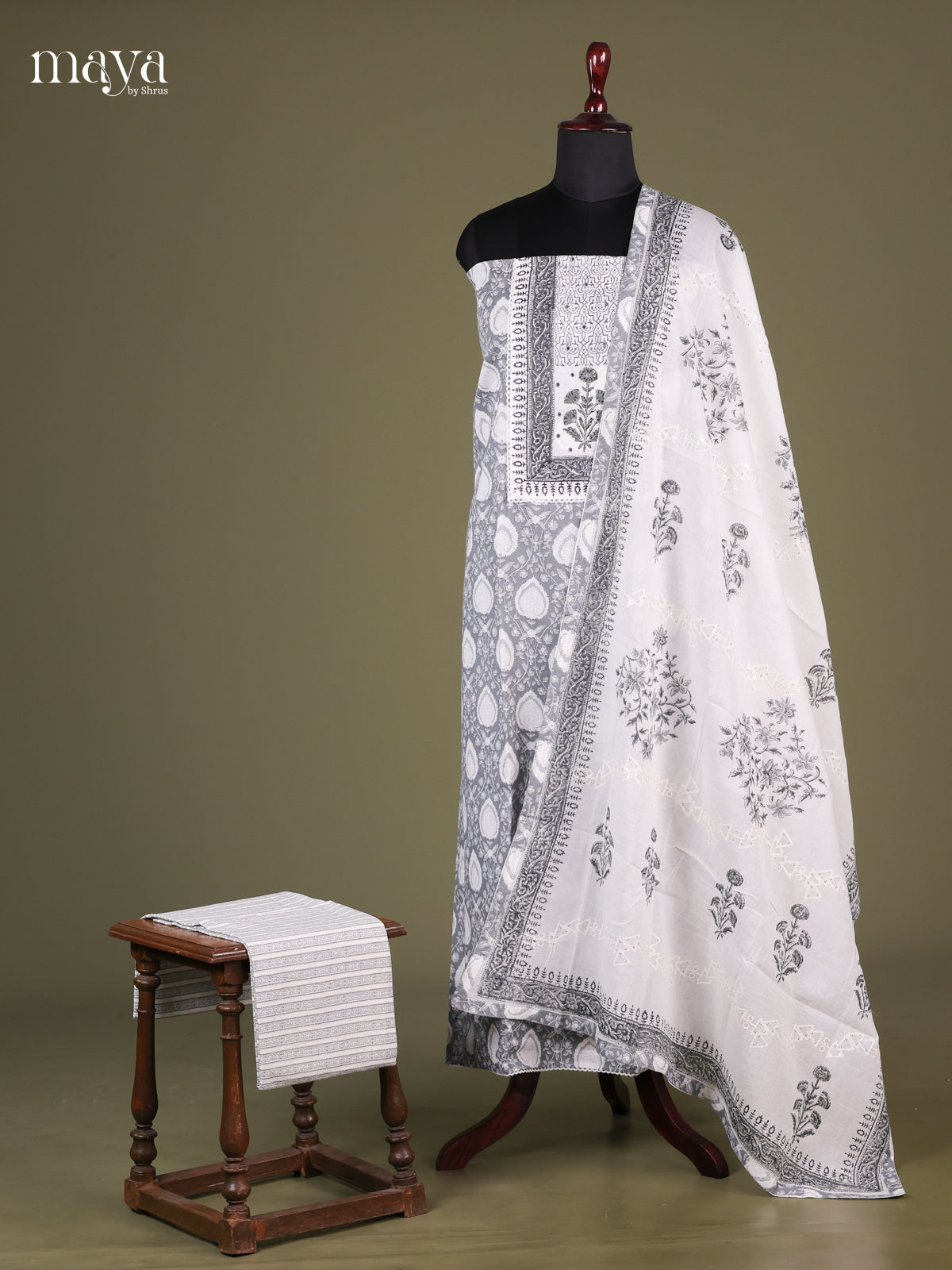 Grey & White - Cotton salwar Unstitched