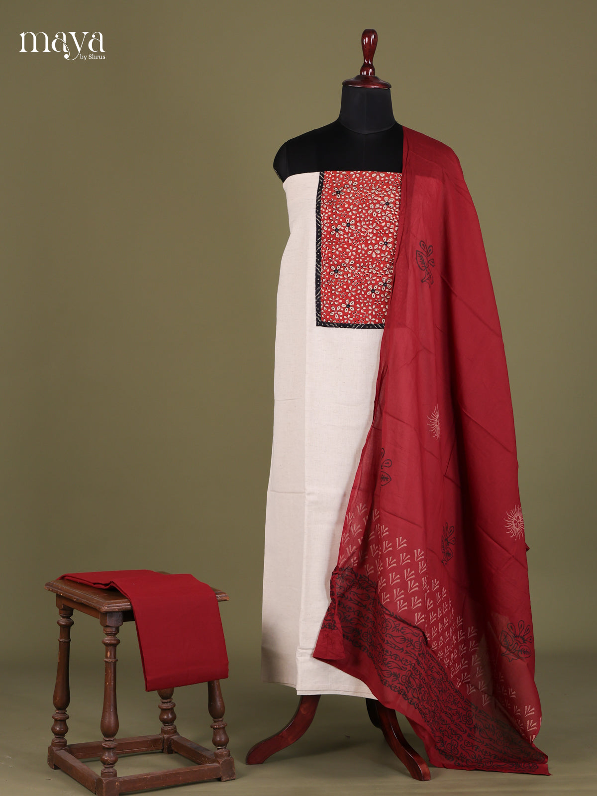 White & Red - Cotton salwar Unstitched