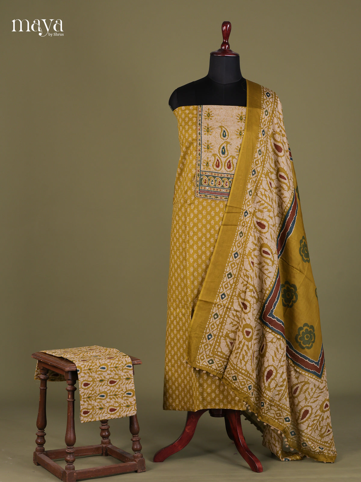 Mustardy Green & Cream - Cotton salwar