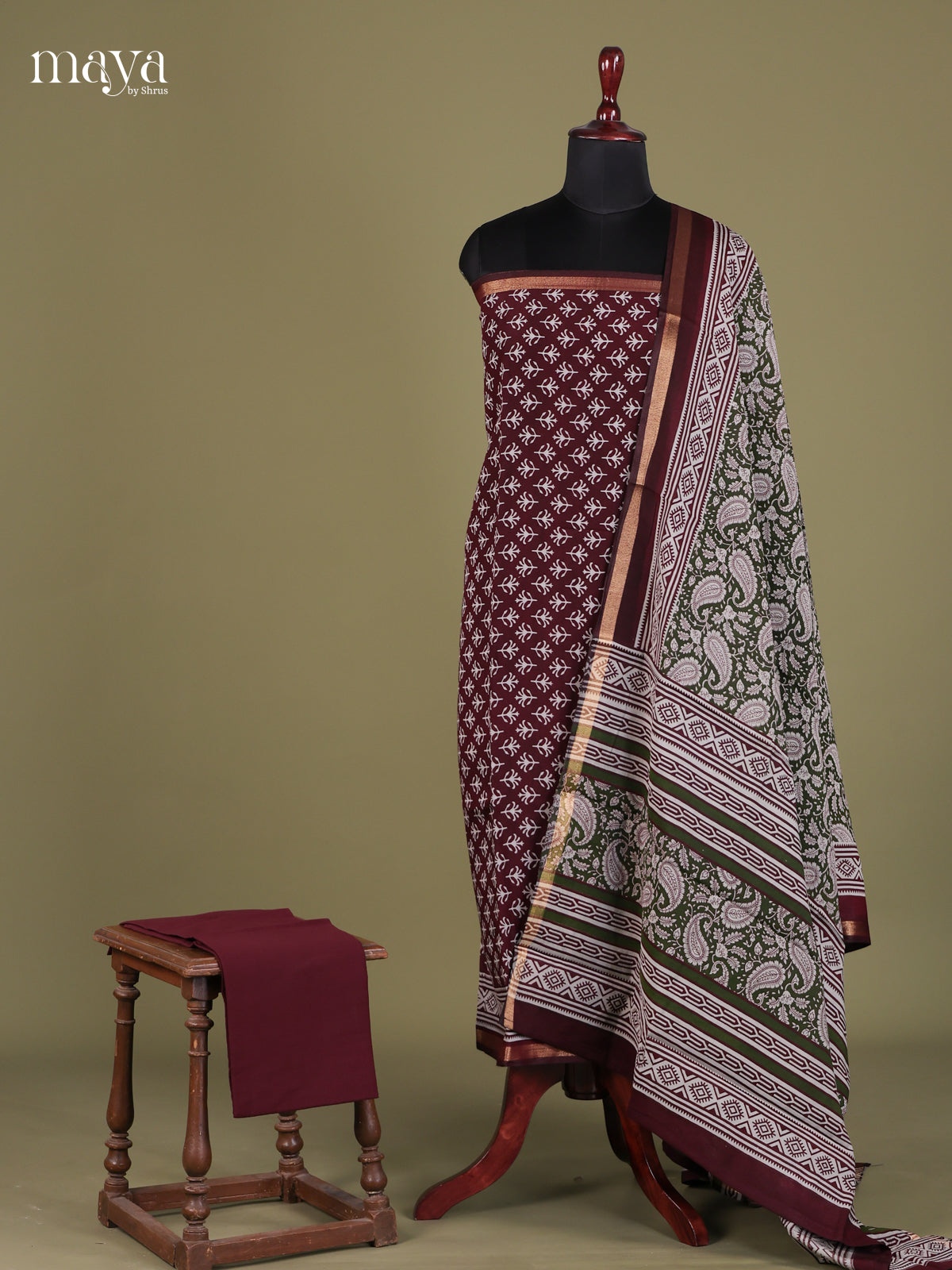 Maroon & Green - Cotton salwar Unstitched