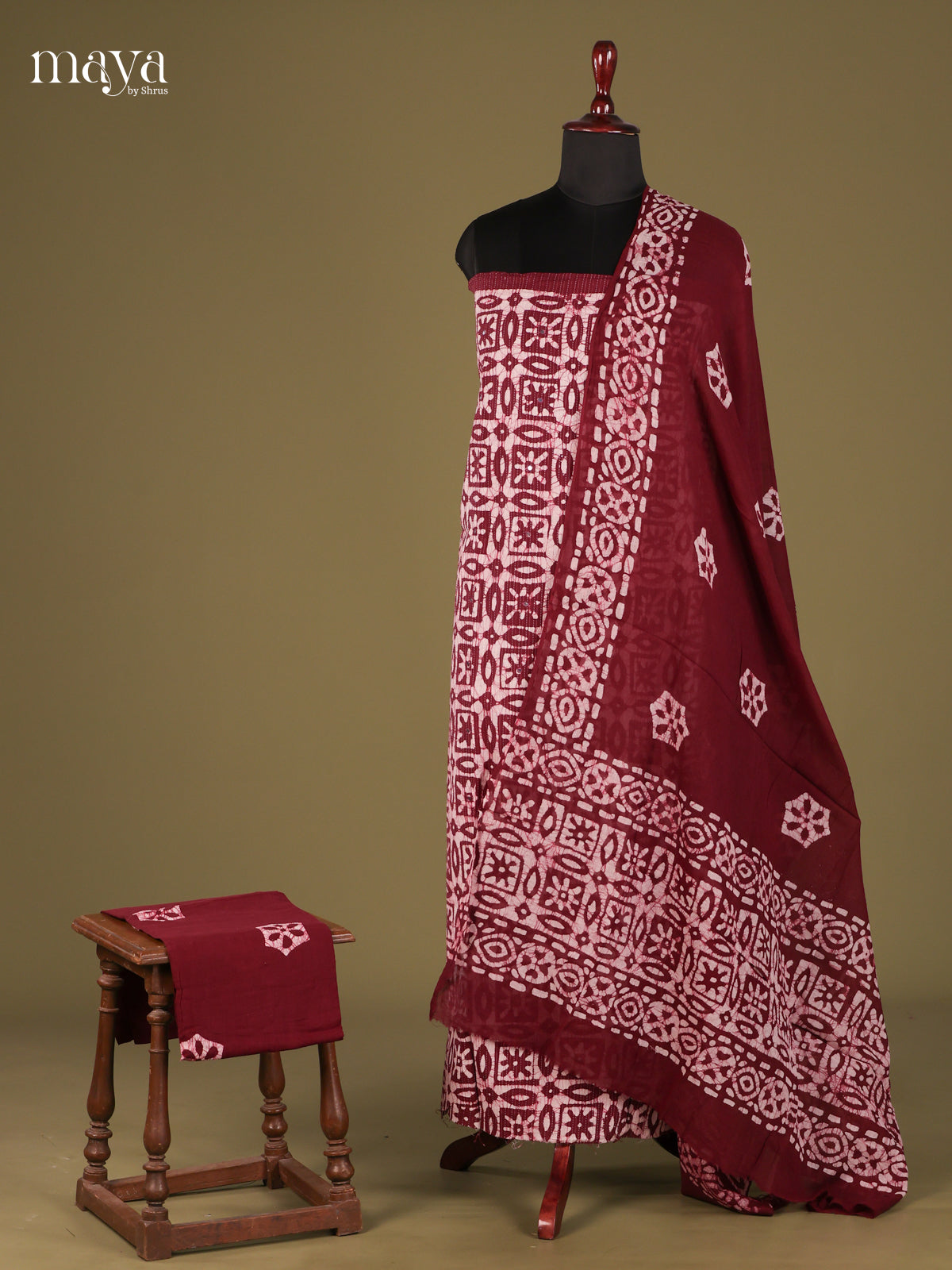 Maroon & White - Cotton salwar Unstitched