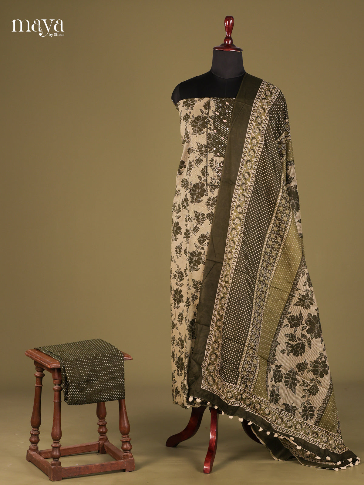 Cream & Green - Cotton salwar Unstitched