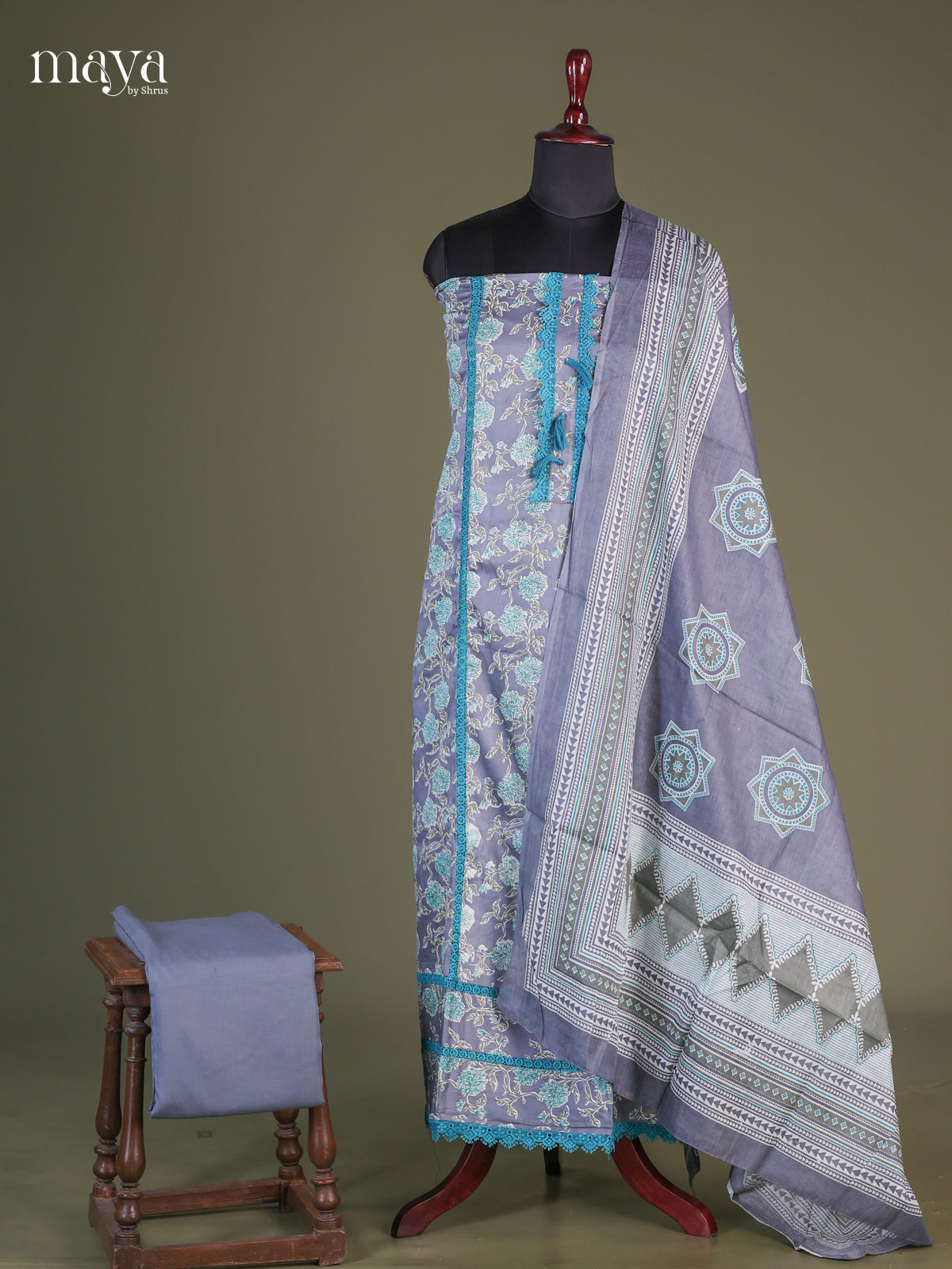 Grey & Blue - Cotton salwar Unstitched