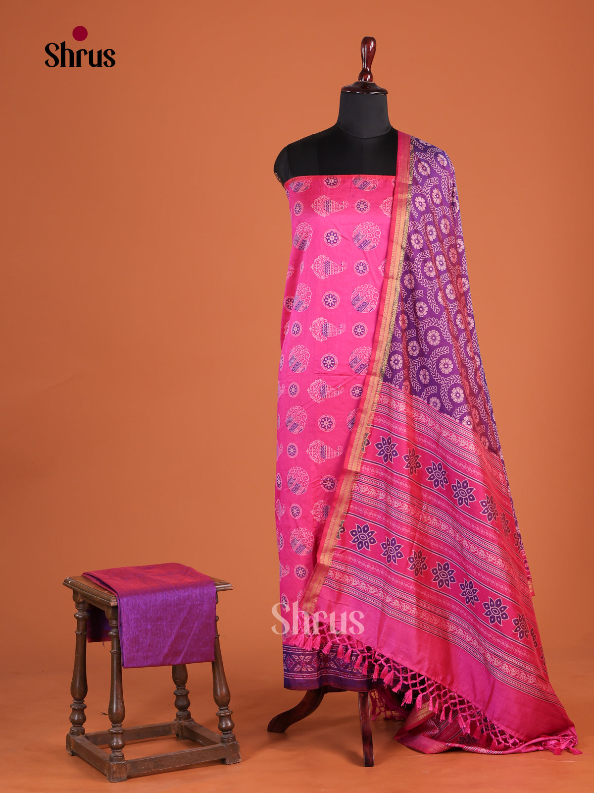 Beautiful Pink & Purple Semi patola Unstitch Salwar with floral , paisleys pattern - Shop on Shrus.com