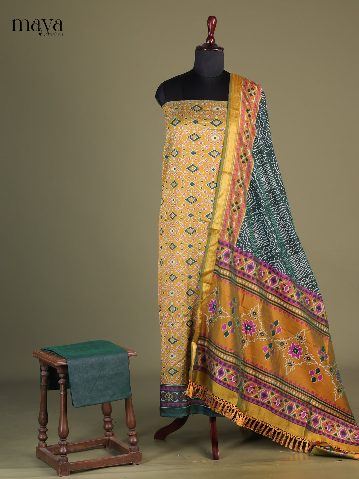 Yellow & Green - Semi patola salwar Unstitch