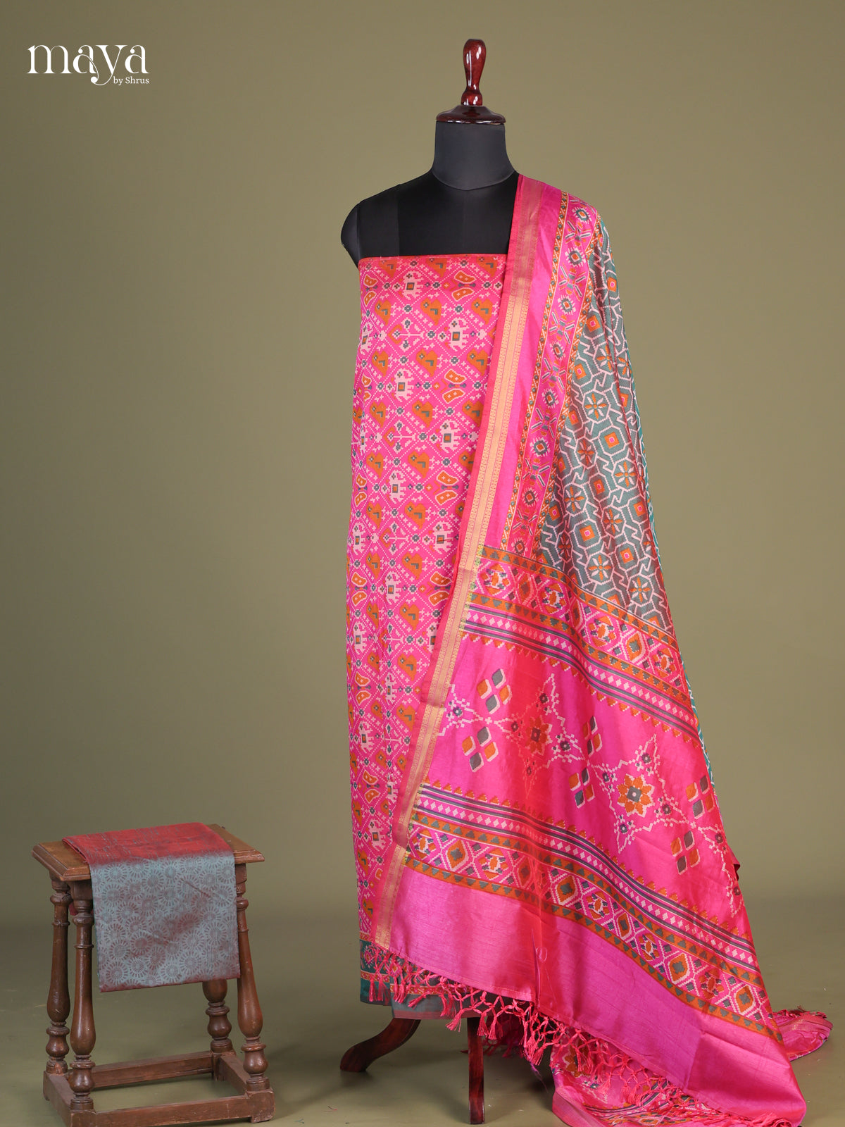 Beautiful Pink & double shaded Green semi patola unstitch salwar with elephant and butterfly print
