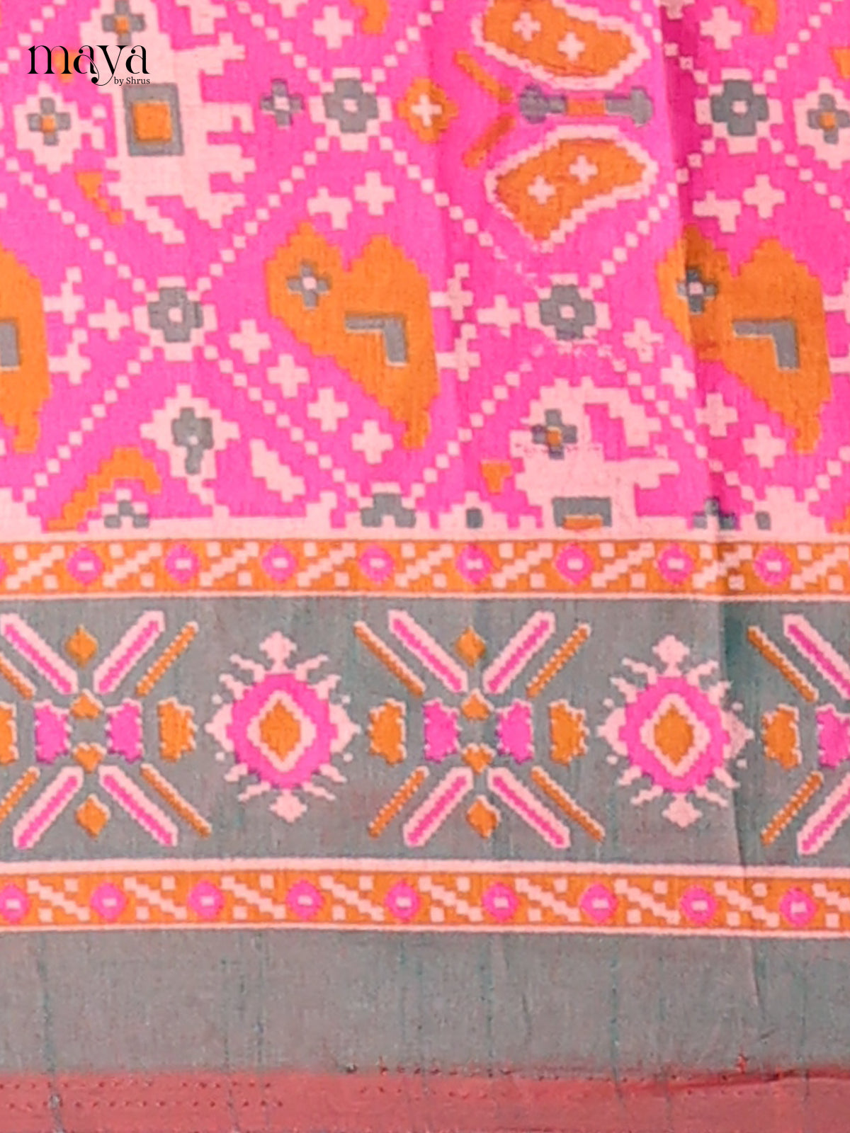 Beautiful Pink & double shaded Green semi patola unstitch salwar with elephant and butterfly print