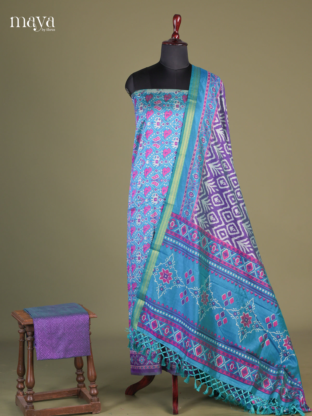 Blue & Purple  Semi Patola unstitch salwar with patola elephant , birds prints