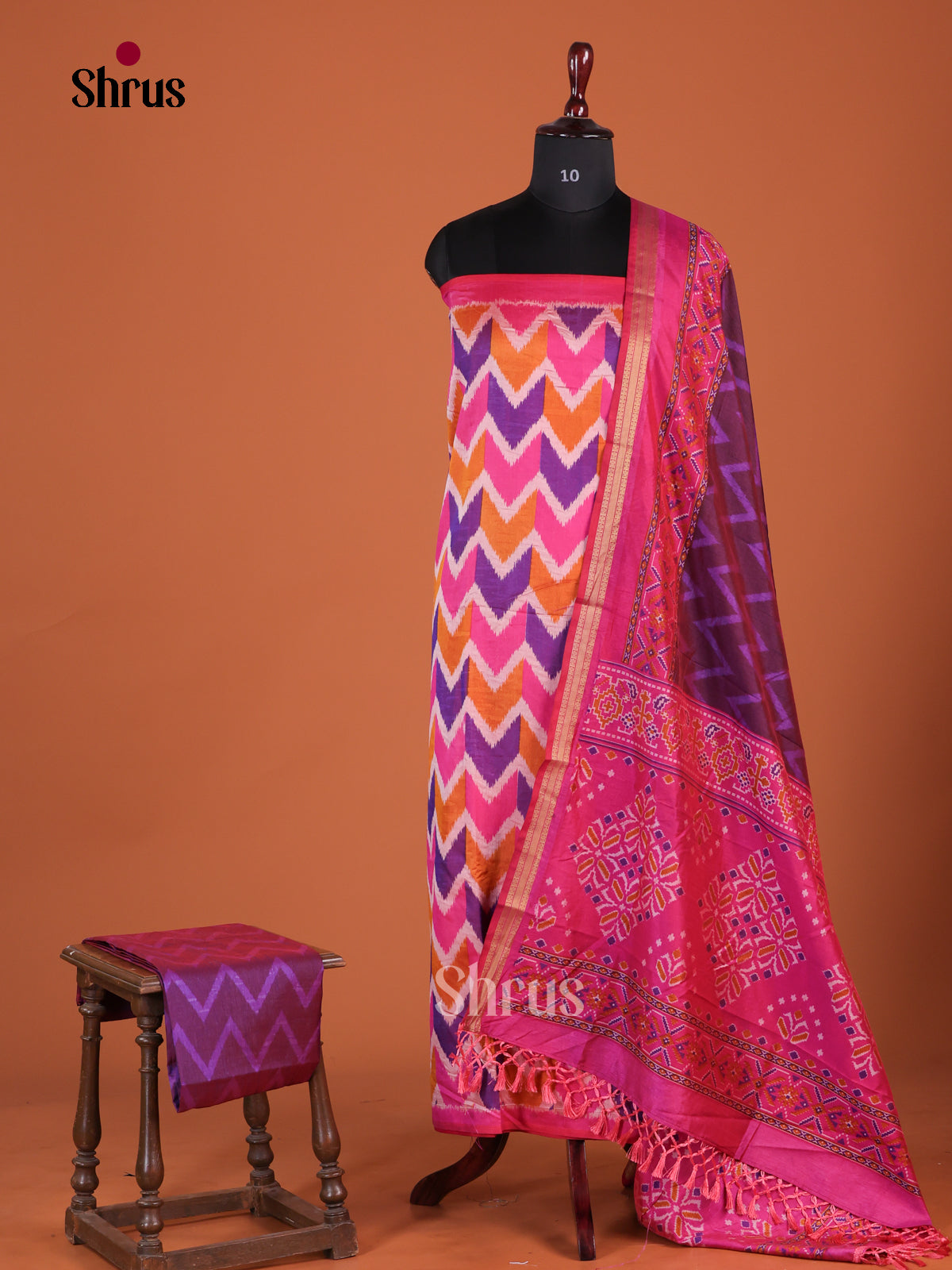 Pink & Purple Semi patola Unstitch salwar with chevron print