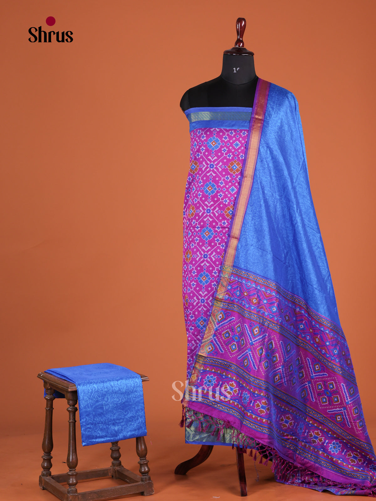 Purple & Blue Semi patola unstitch salwar with floral print