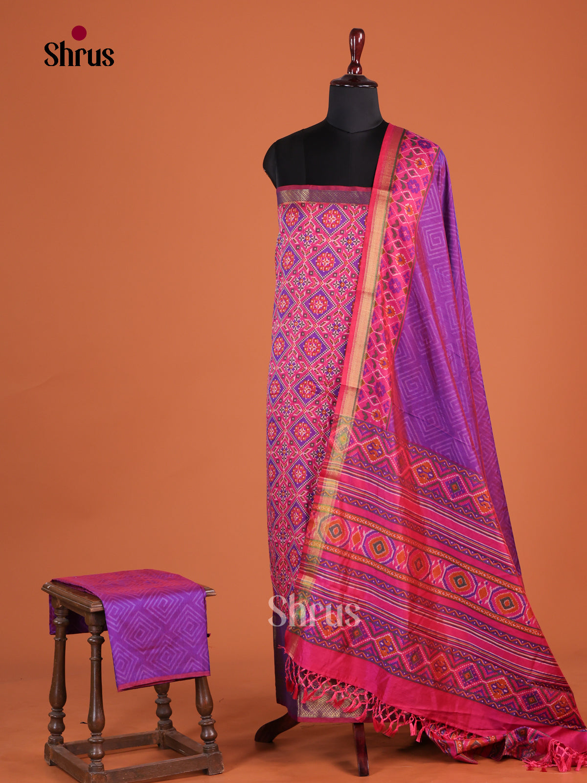 Pink & Purple Semi patola Unstitch salwar with floral print