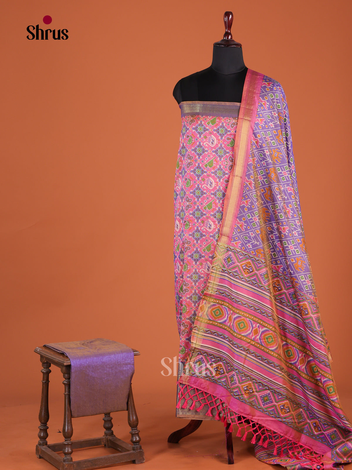 Chic Pink & Purple Semi patola Unstitch salwar with bird , butterfly print