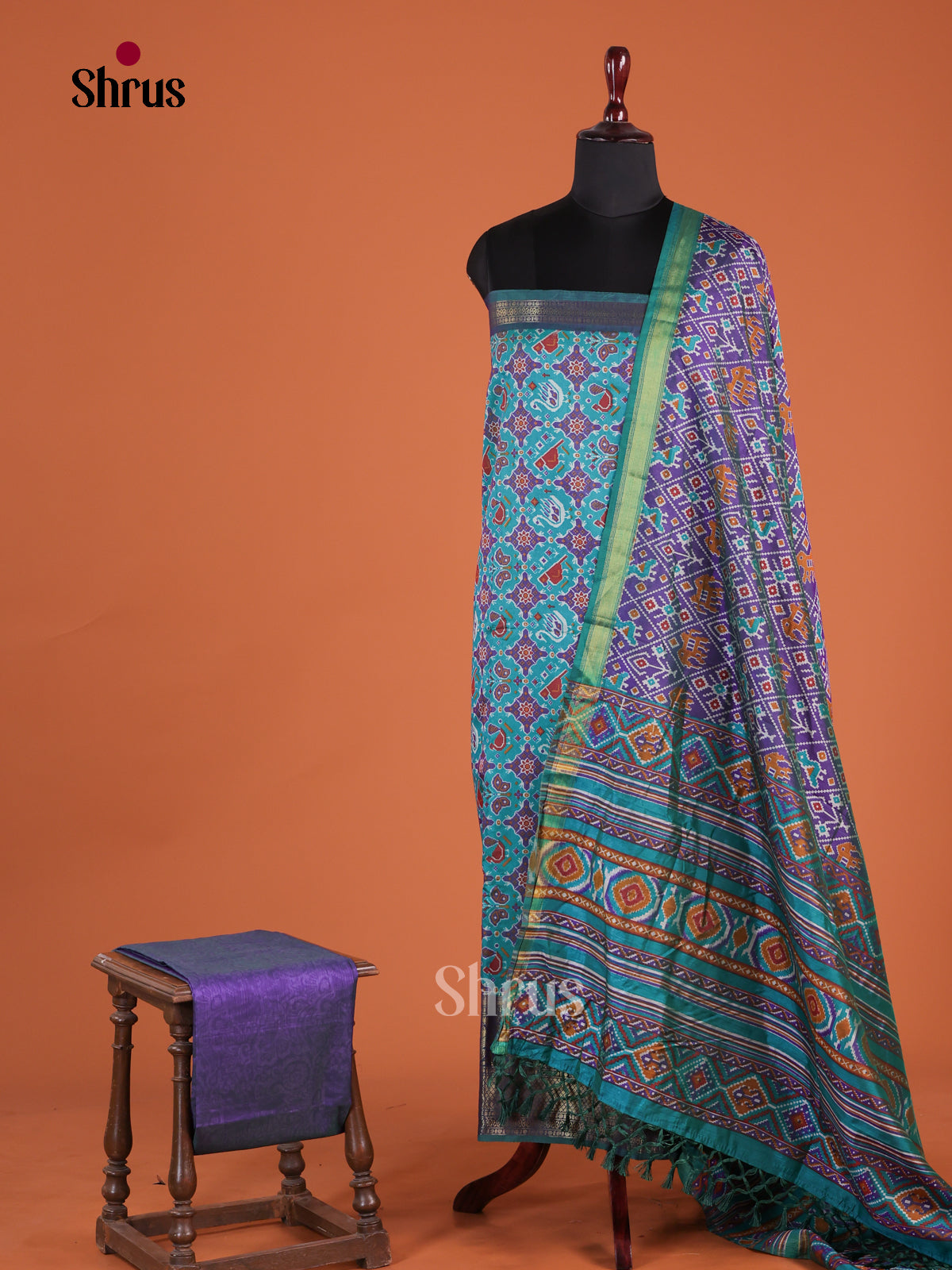 Blue & Purple Semi patola unstitch salwar with peacock , butterfly print