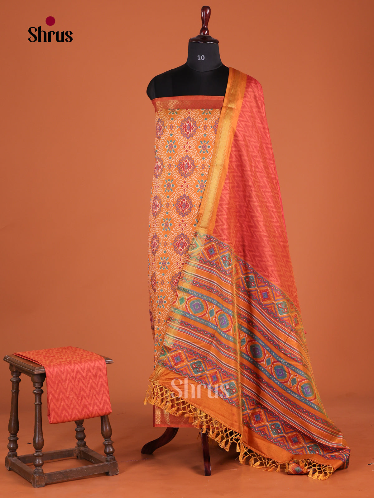 Orange Semi Patola Unstitch salwar with floral print