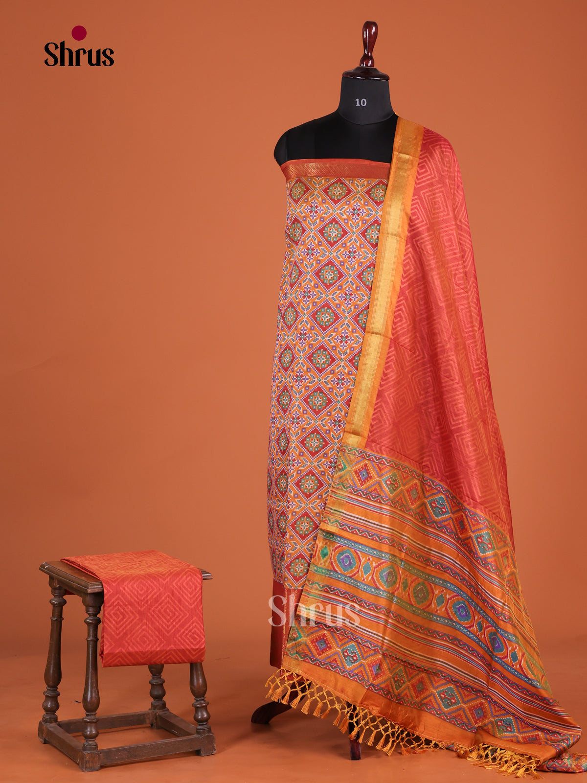 Brick Orange & Red Semi patola unstitch salwar with patola floral print
