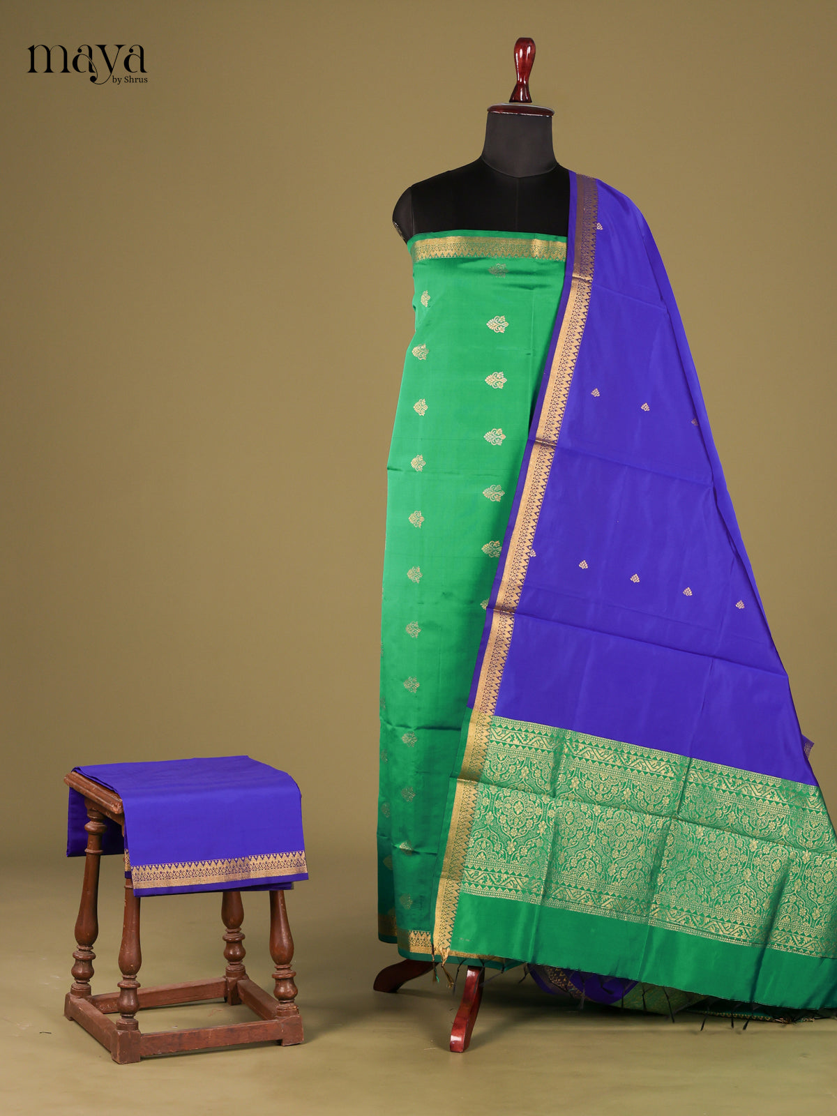 Serene Green semi softsilk salwar unstitched with blue dupatta