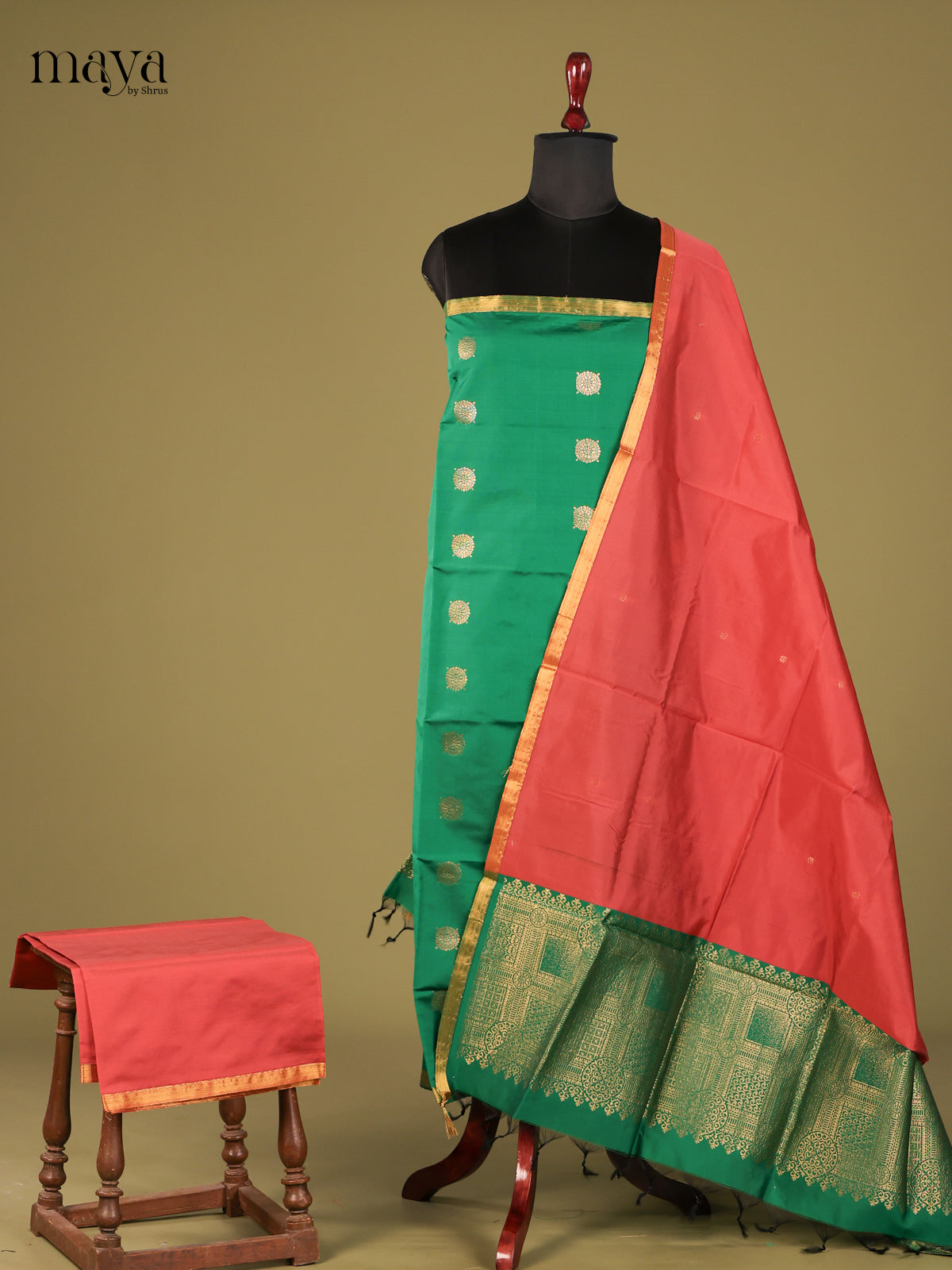 Elegant Green semi softsilk salwar untitched with orange dupatta