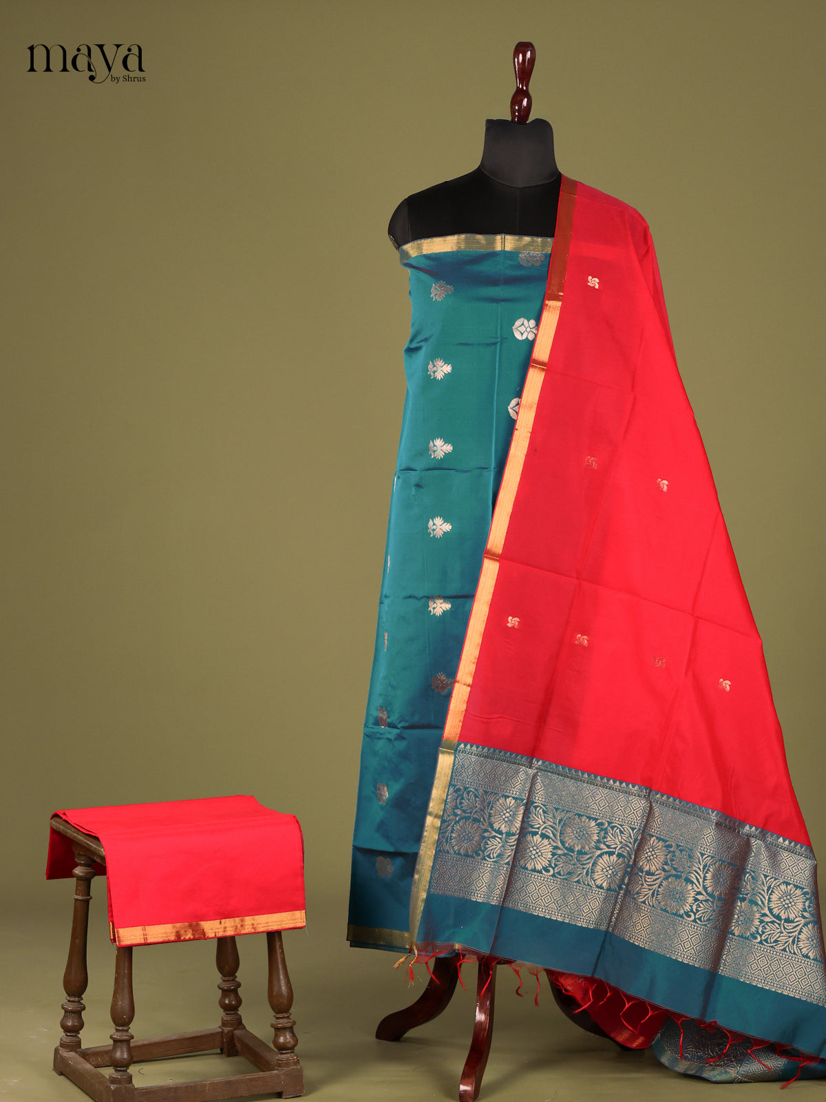 Elegant Green semi softsilk salwar unstitched with orange dupatta