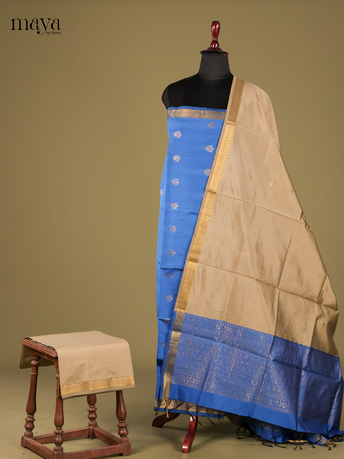 Pretty Blue semi softsilk salwar unstitched with grey dupatta