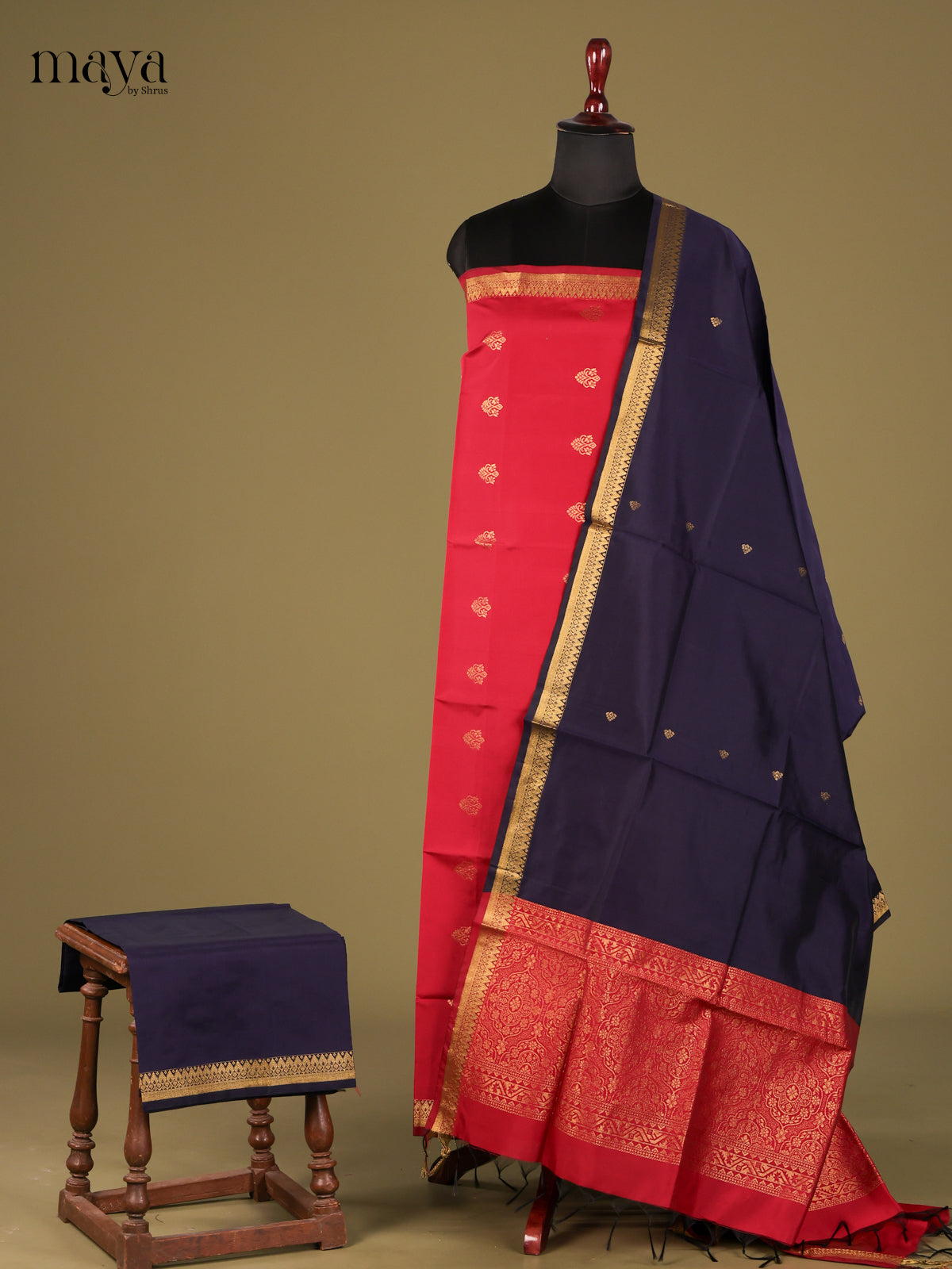 Bright Red semi softsilk salwar with blue dupatta