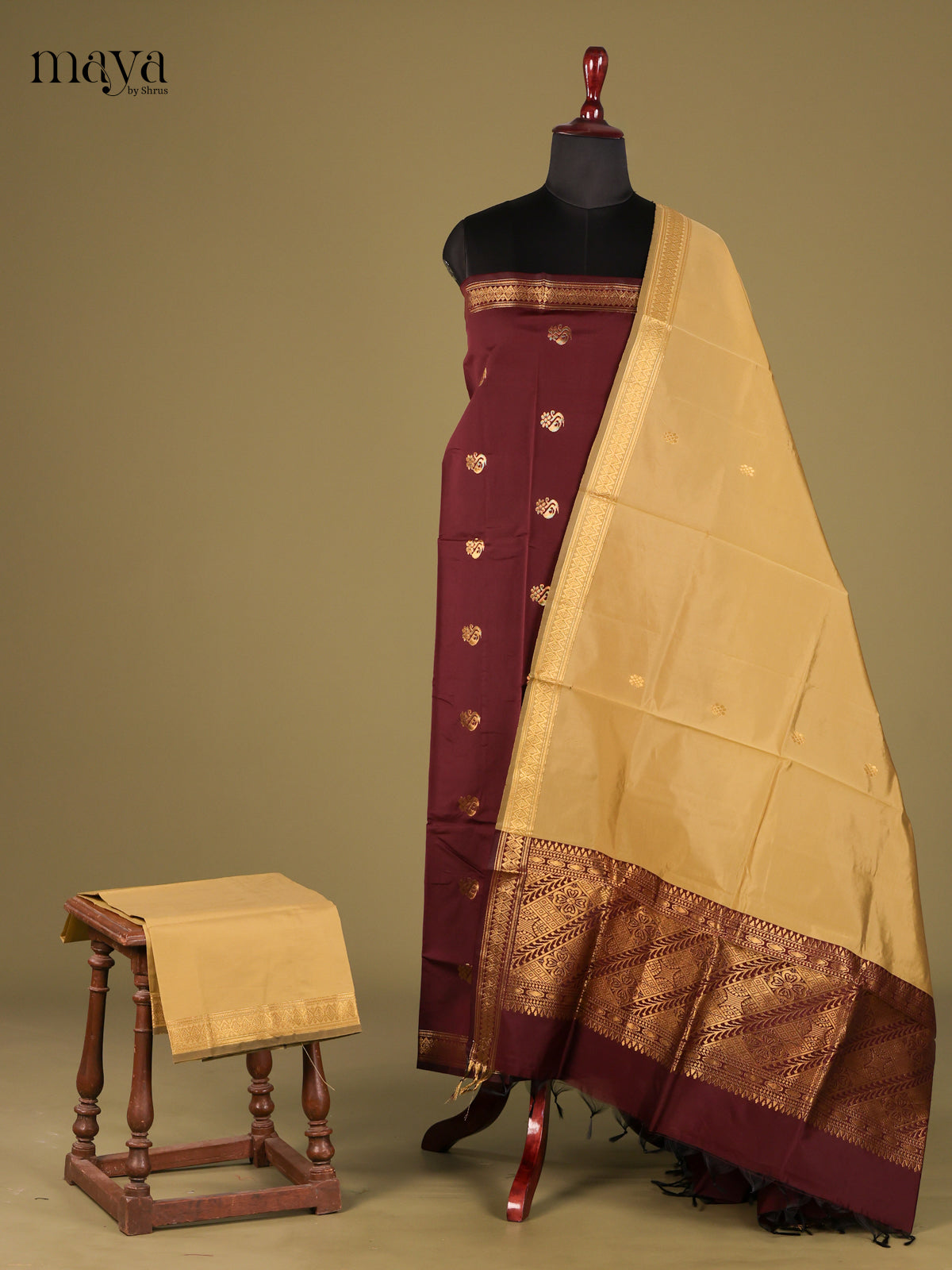 Classy Maroon semi softsilk salwar unstitched with Beige Dupatta