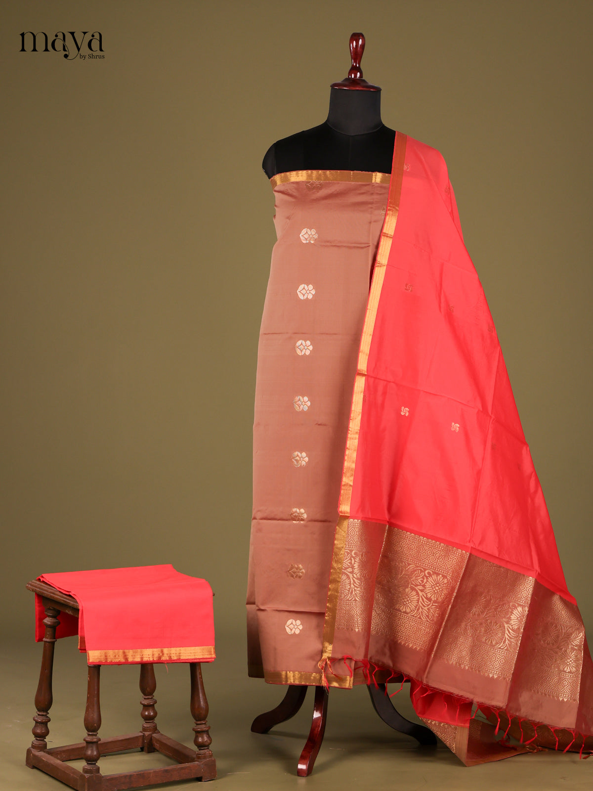 Stunning Brown semi softsilk salwar unstitched with Orange dupatta