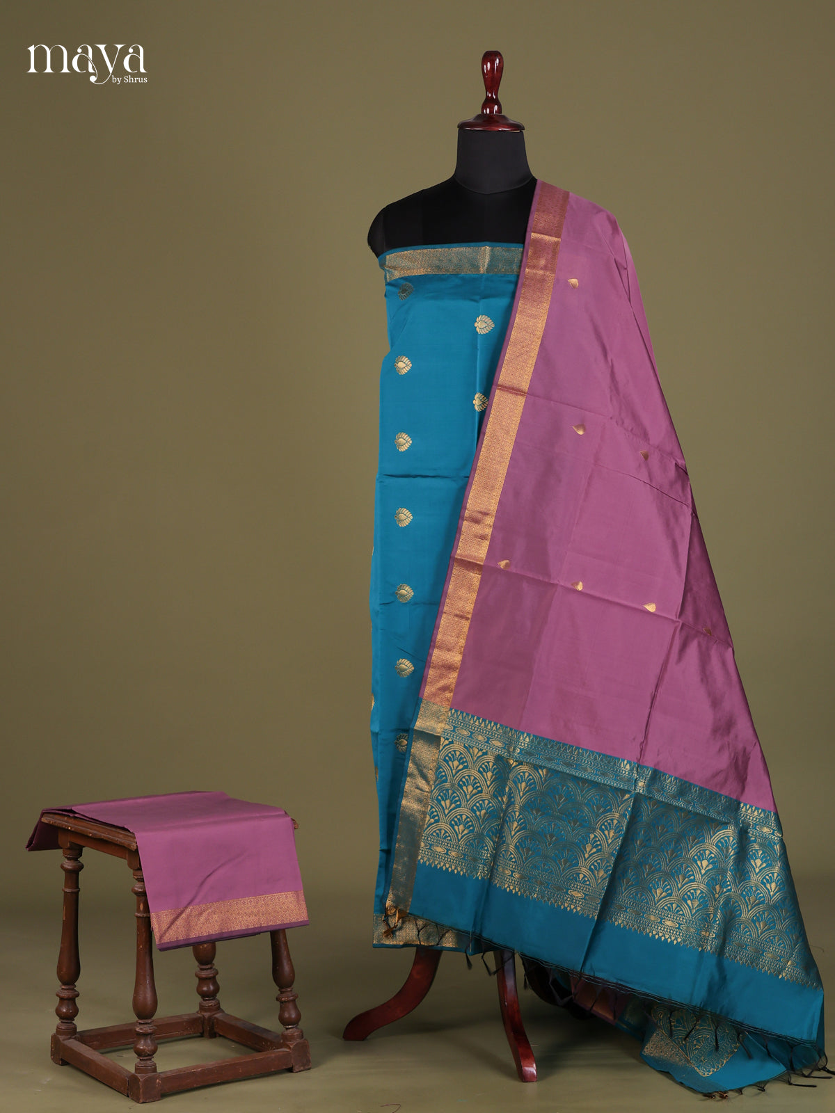 Vibrant Blue semi softsilk salwar unstitched with lavender dupatta