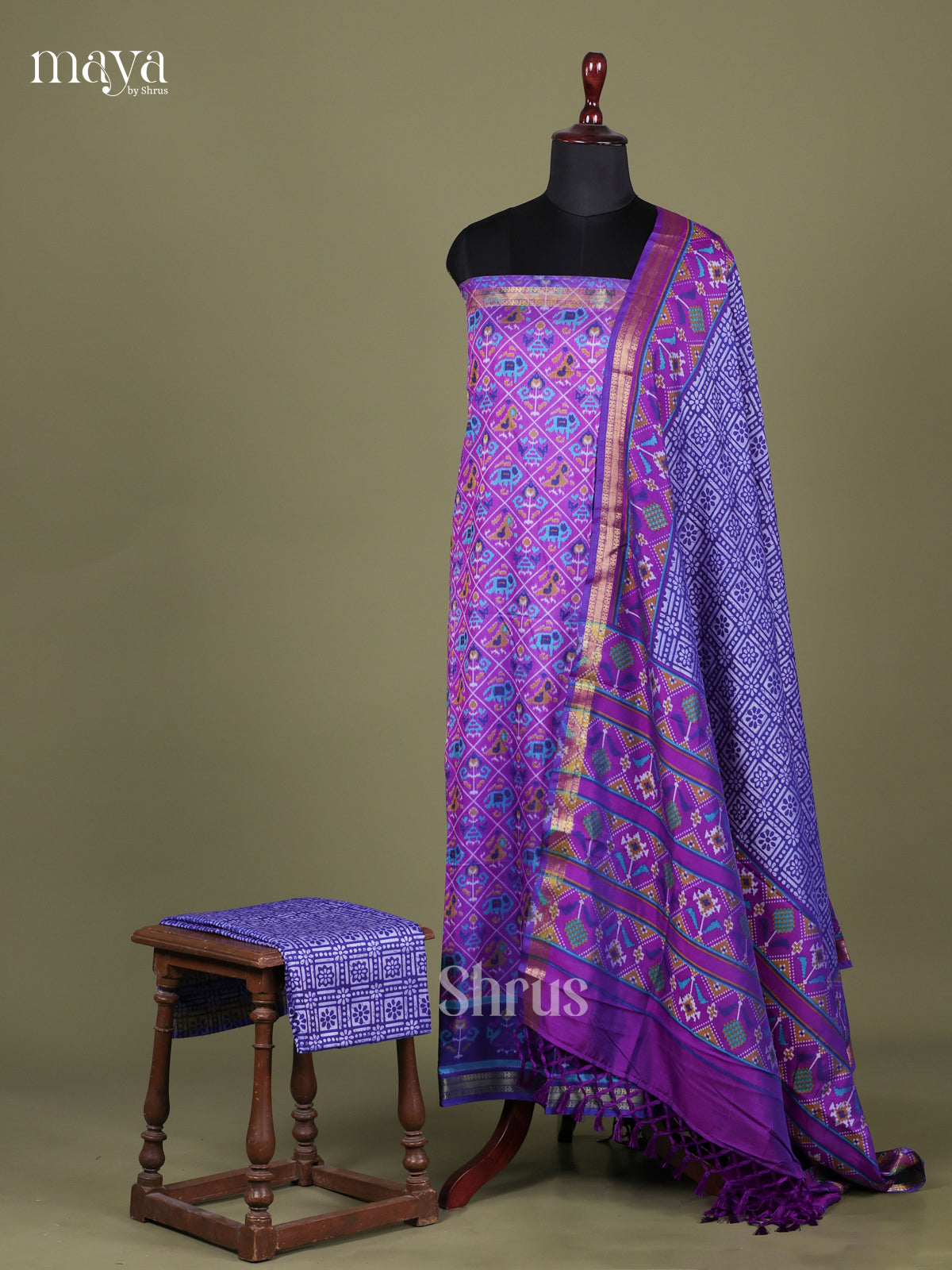 Purple & Blue - Semi patola salwar  Unstitched