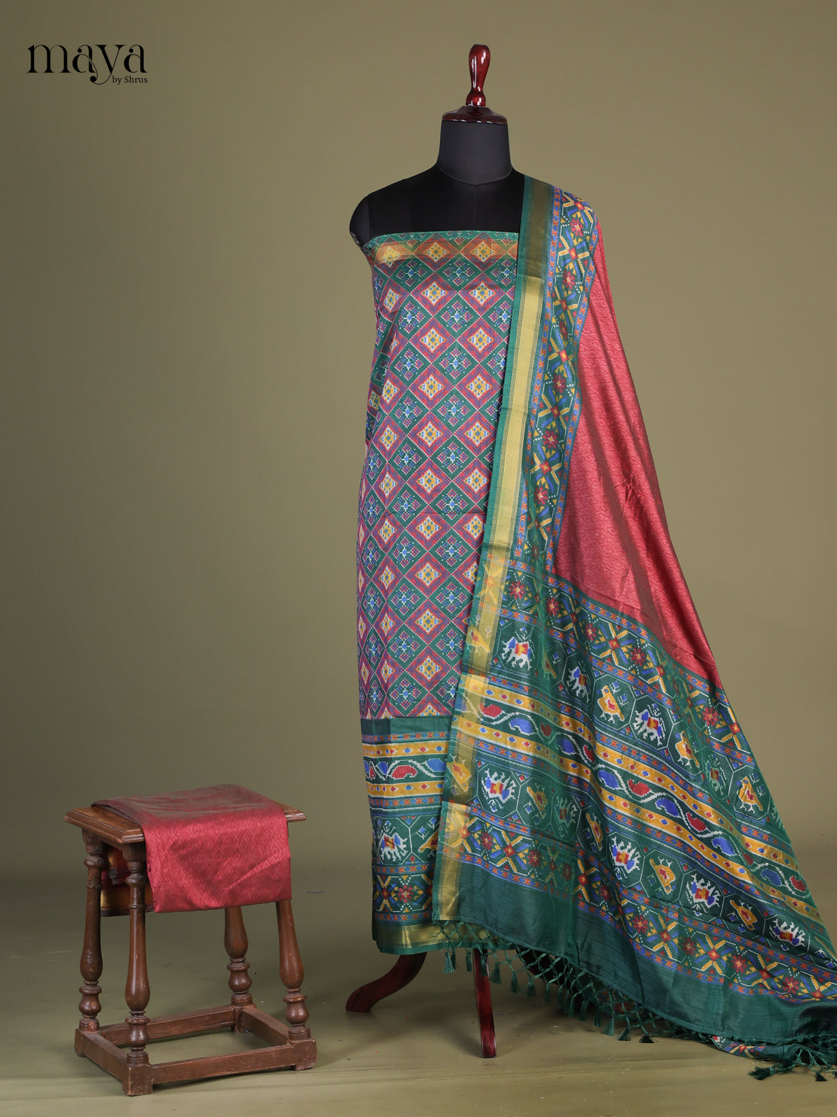 Green & Maroon - Semi patola salwar Unstitch