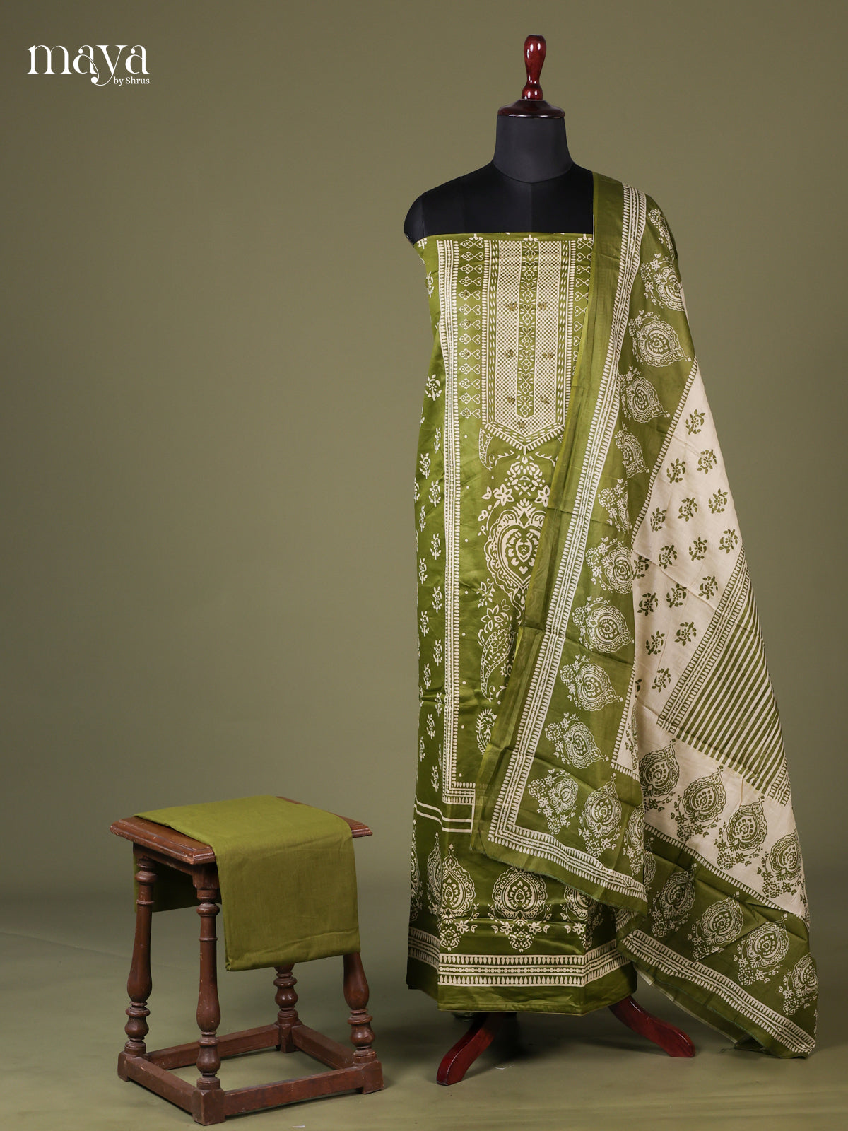 Green & Cream - Cotton salwar Unstitched