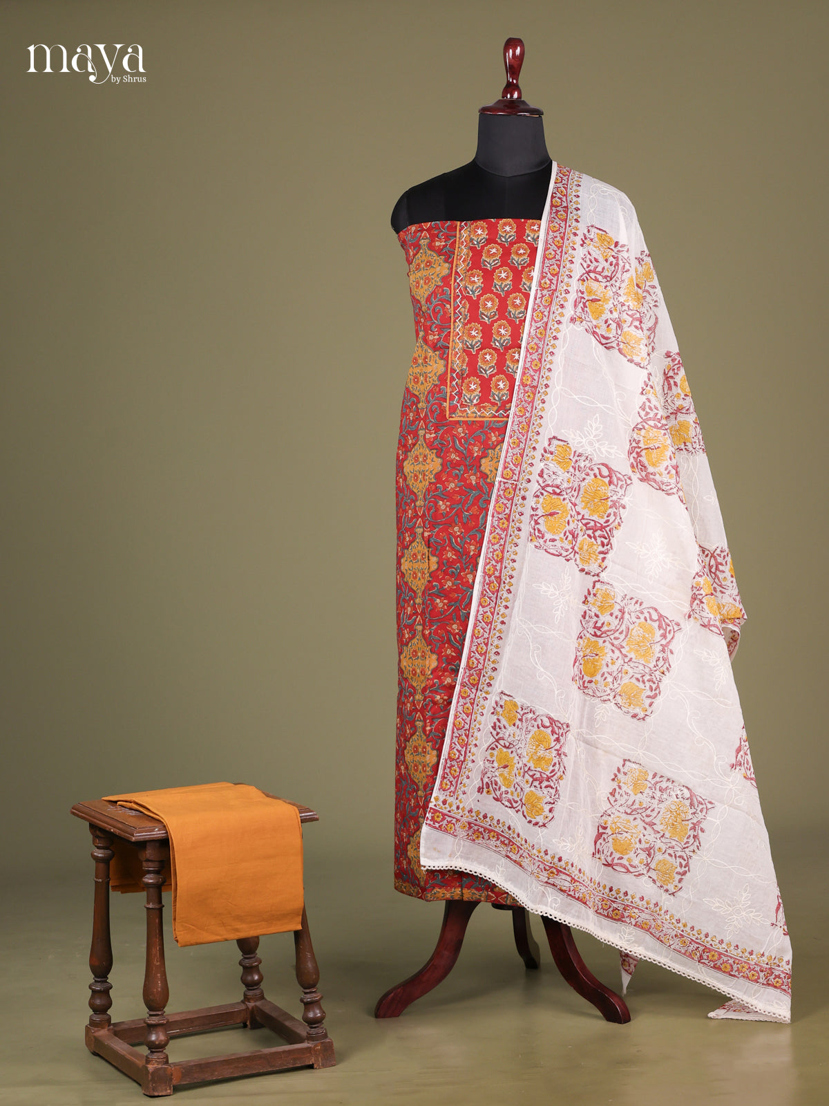 Maroon & Mustard - Cotton salwar unstitched