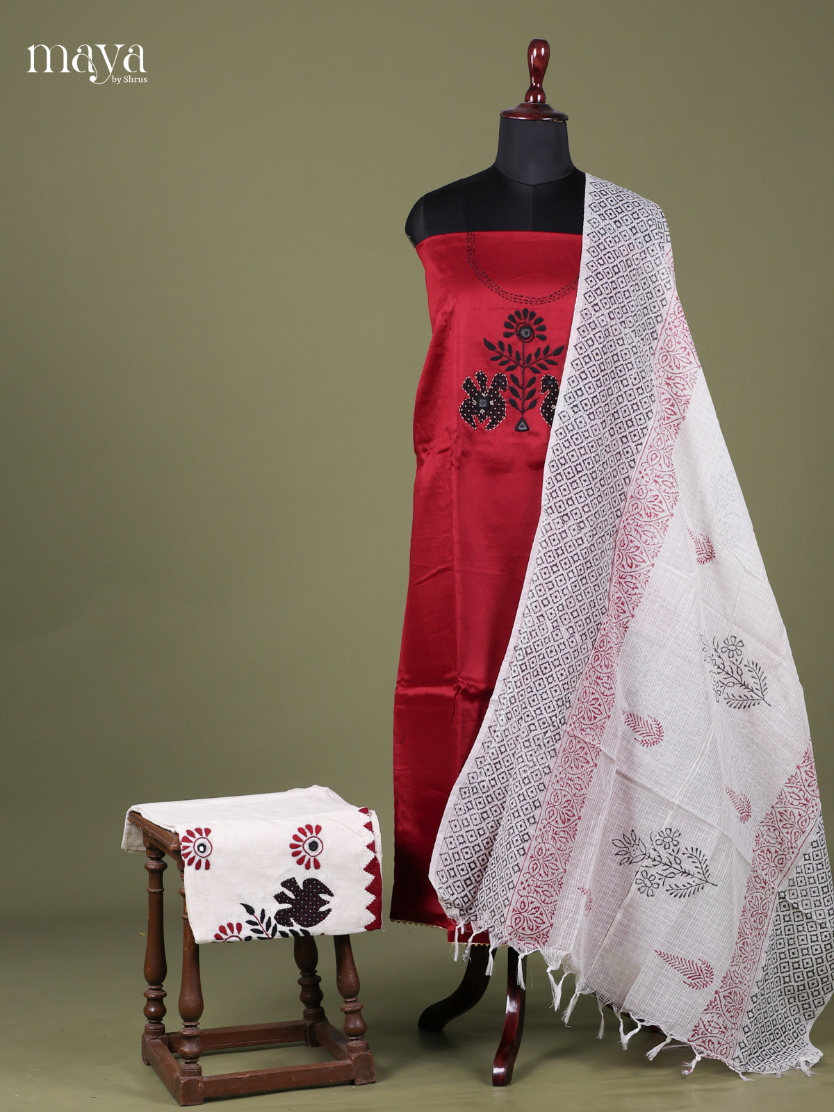 Red & White - Cotton salwar Unstitched