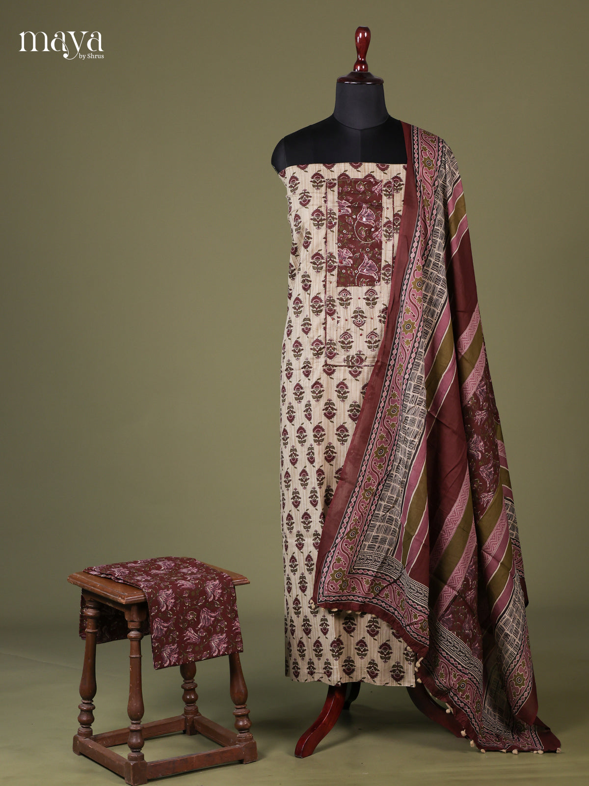Cream & Brown - Cotton salwar Unstitched
