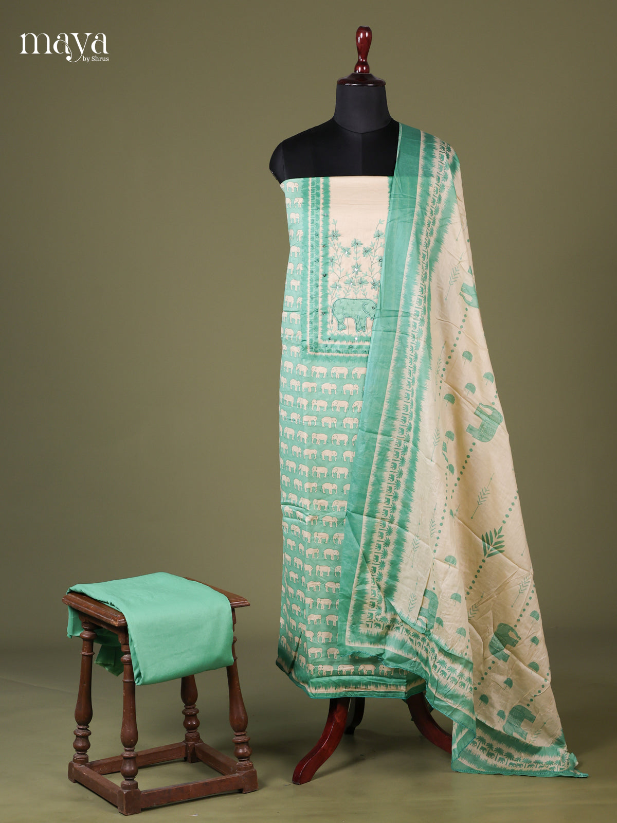 Teal & Cream - Cotton salwar Unstitched