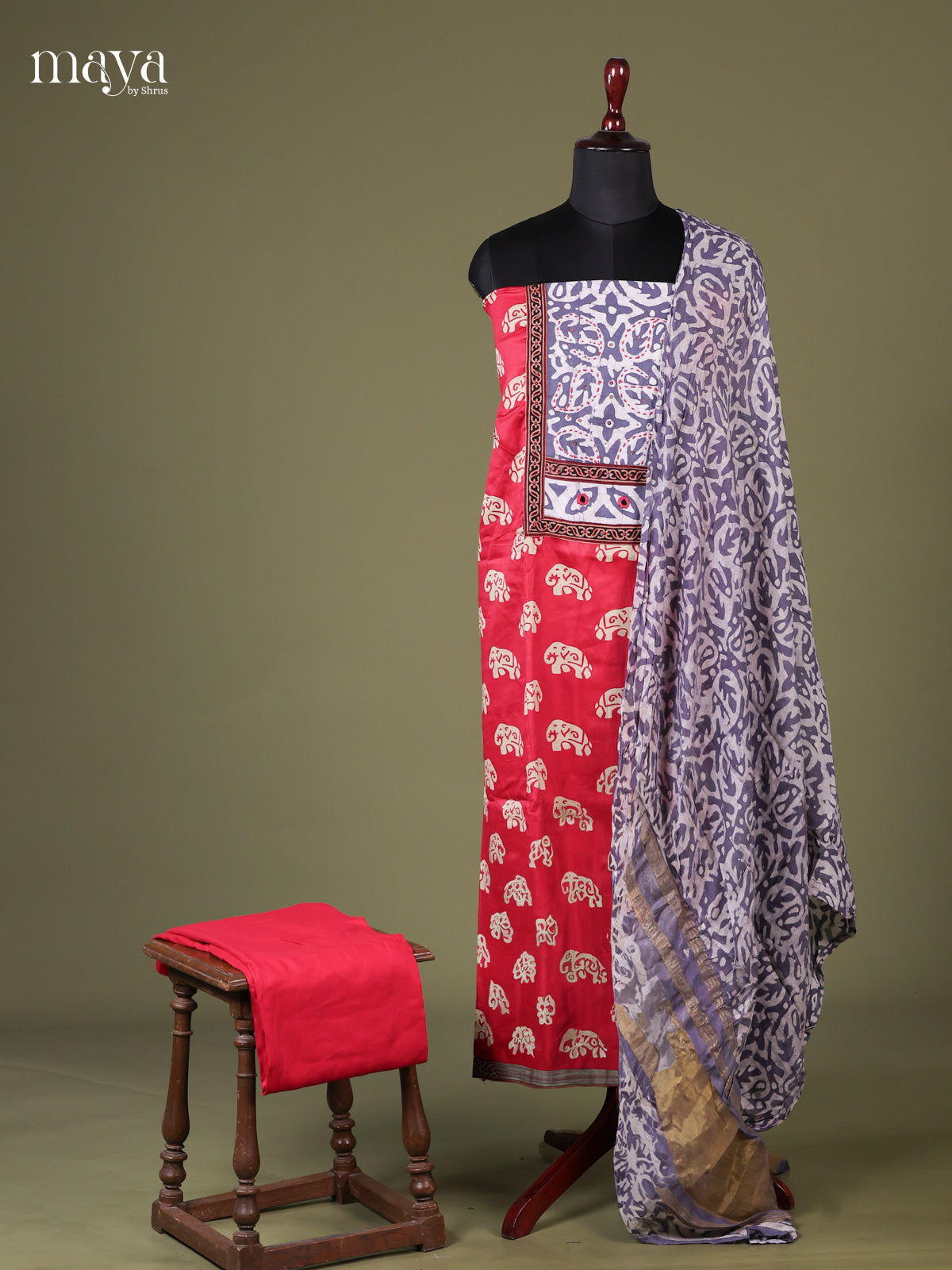 Red & Grey - Cotton salwar Unstitched
