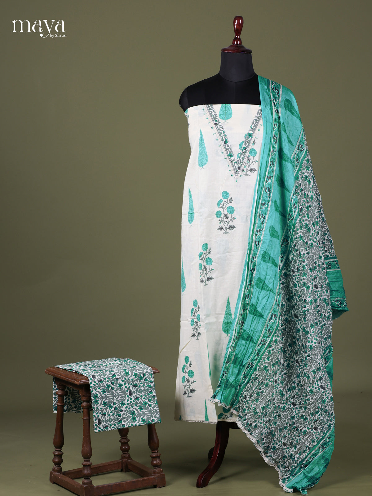 White & Green -Cotton salwar Unstitched