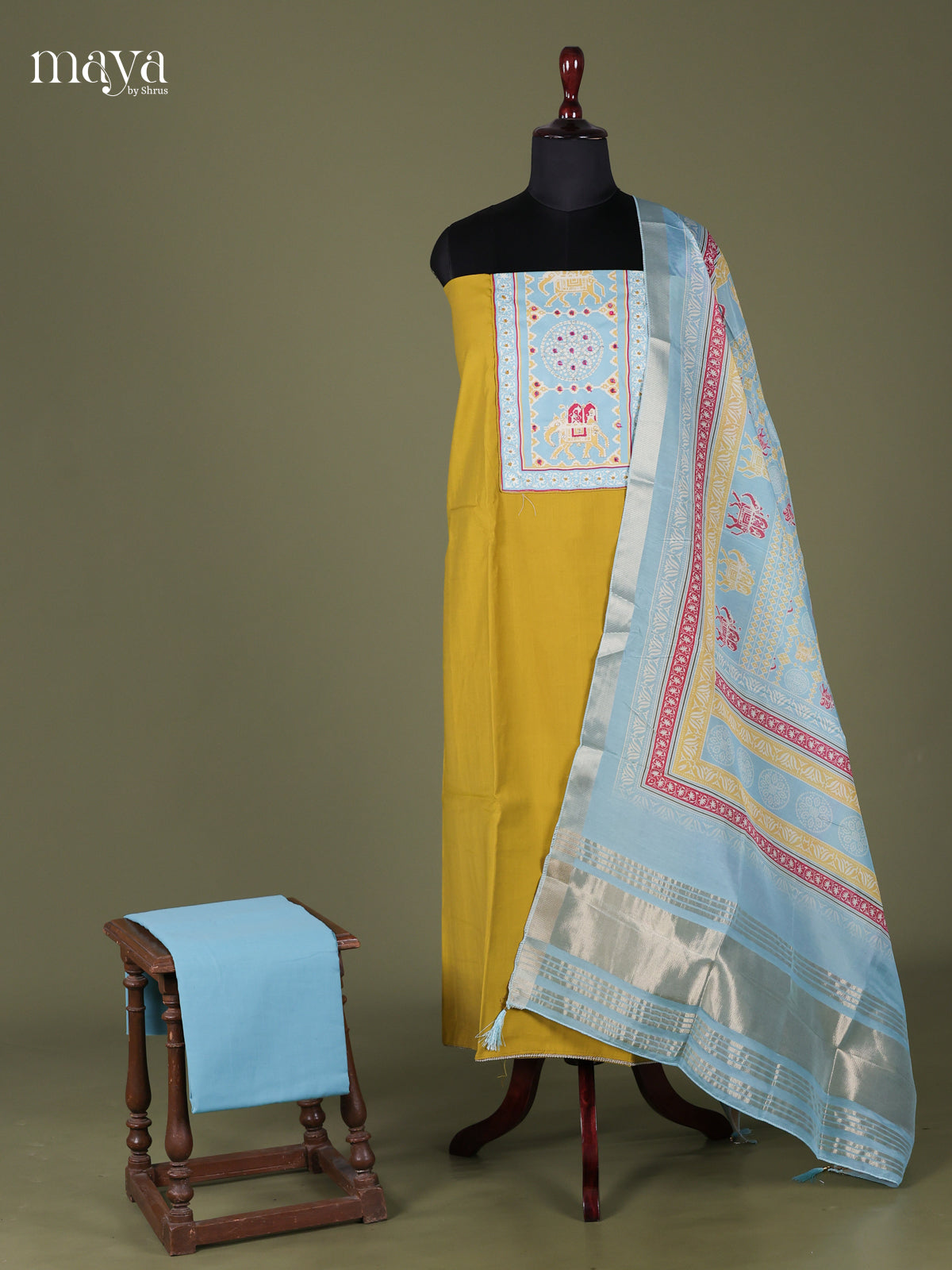 Mustardy Green & Light Blue - Cotton salwar Unstitched