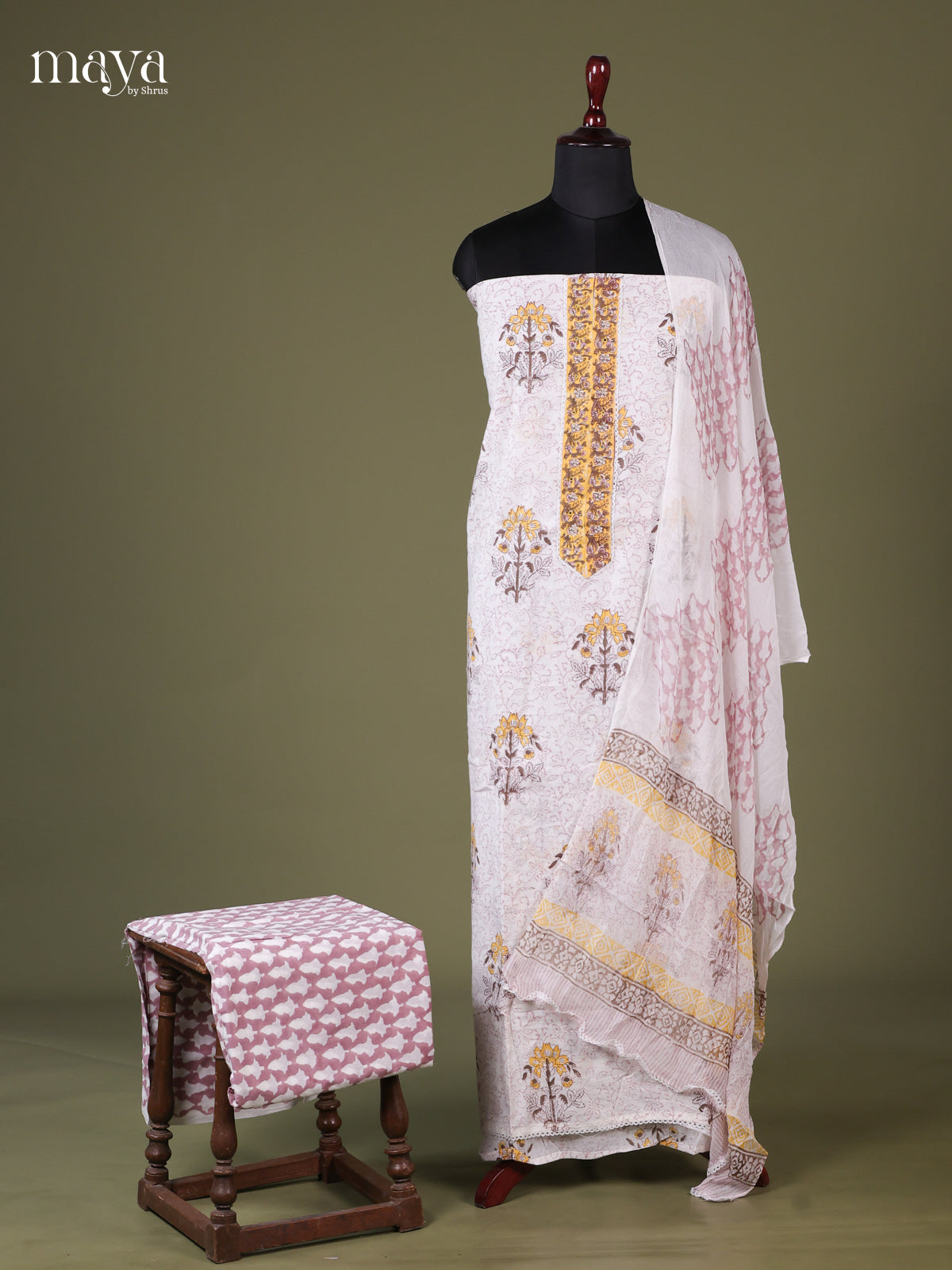 White & Yellow - Cotton salwar Unstitched