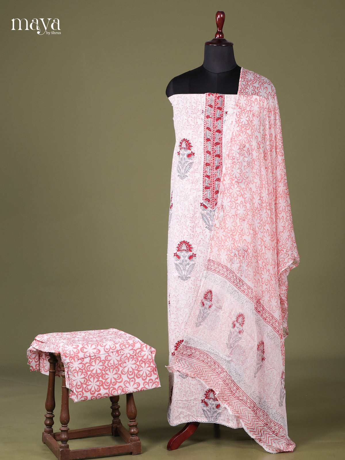 White & Red - Cotton salwar Unstitched