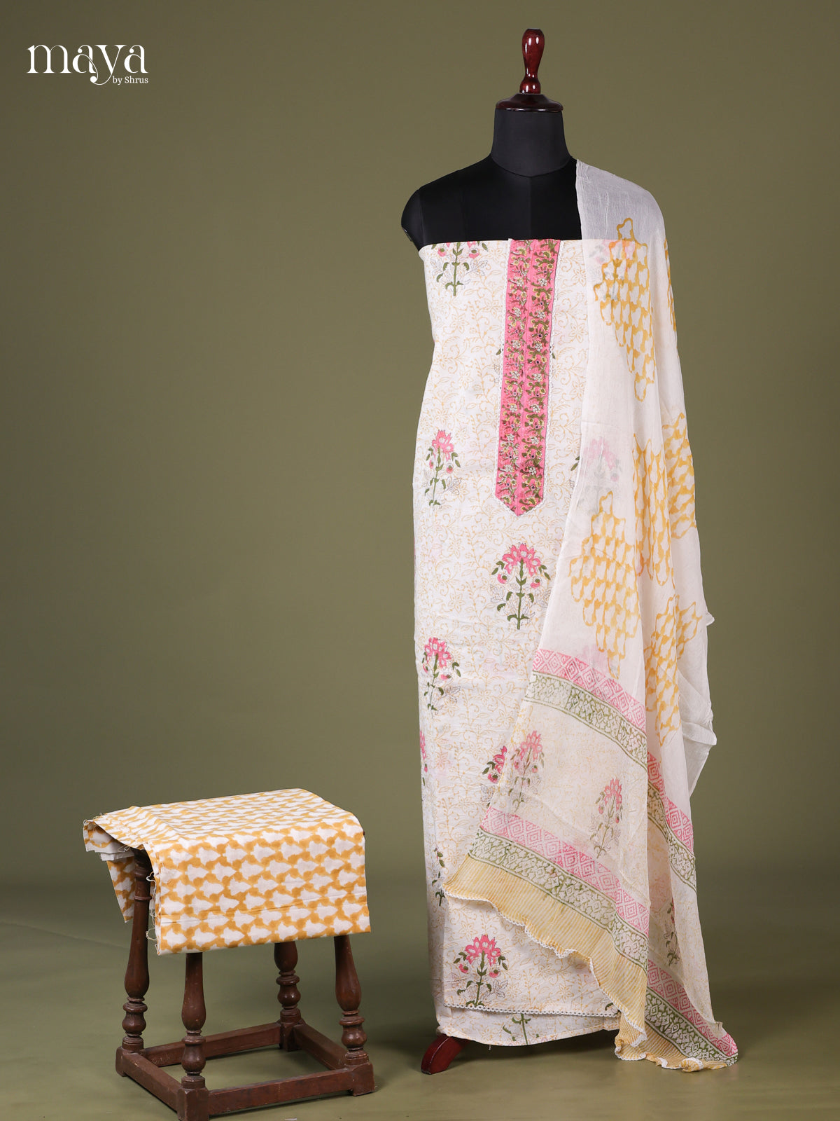 White & Yellow - Cotton salwar Unstitched