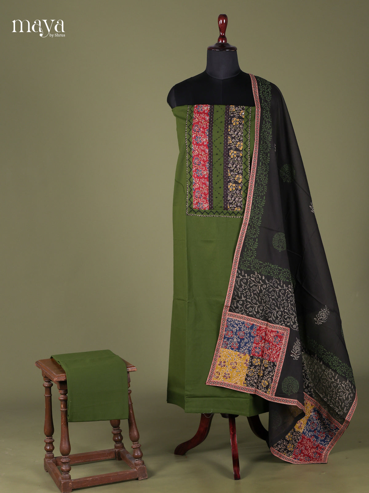 Green & Black - Cotton salwar unstitched