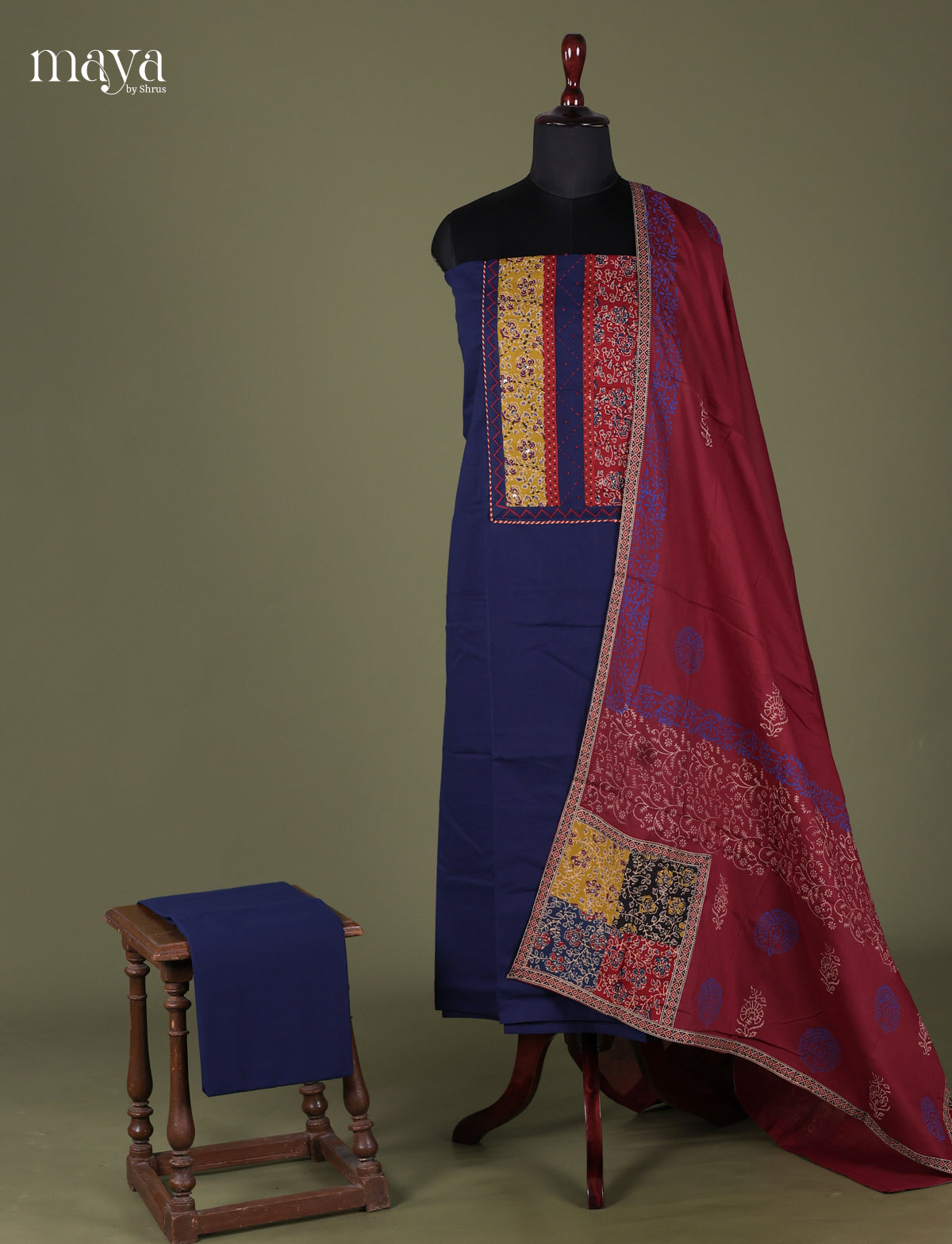 Blue & Red - Cotton salwar Unstitched