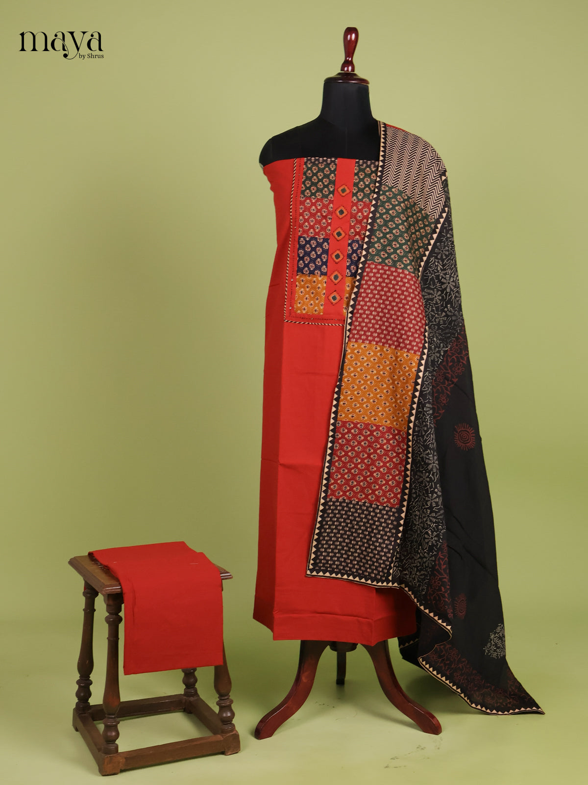 Bright Orange & Black Unstitched Ajrakh Salwar  with ajrakh neck yoke